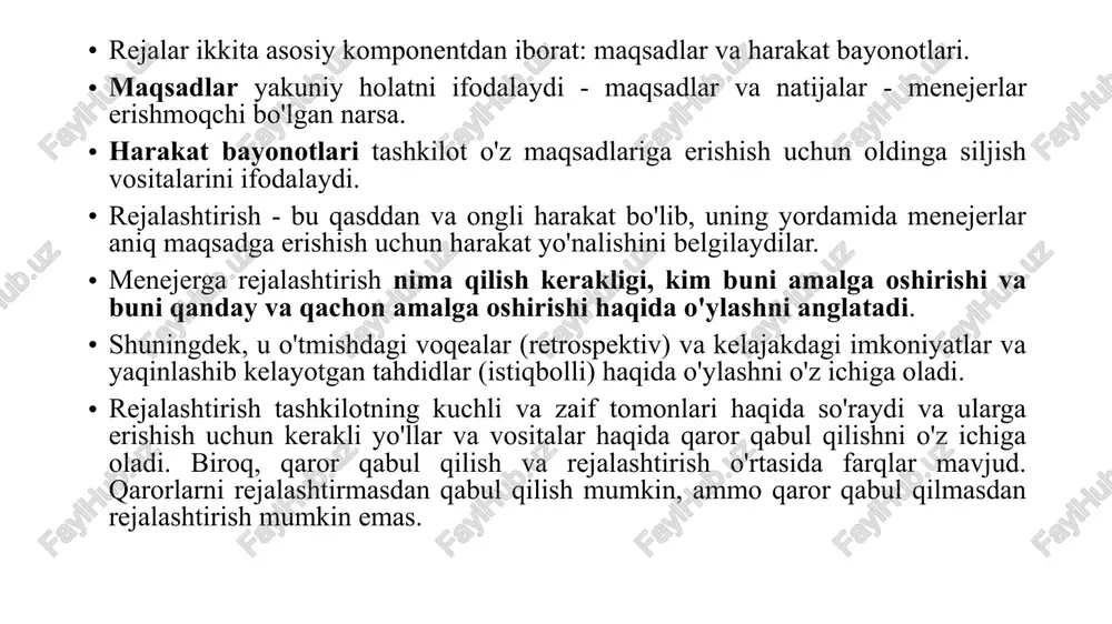 lar. ular qarorlar qabul qilinishi kerak bo'lgan keng chegarani ta'minlaydi. demak, siyosatning mohiyati ixtiyoriylikdir. boshqa tomondan, strategiya tanlangan maqsadlarga erishish imkoniyatini oshirish uchun inson va moddiy resurslarni qo'llash yo'nalishiga tegishli. strategiyalar va siyosatlarning asosiy vazifasi rejalarni birlashtirish va ularga yo'nalish berishdir. ammo ulardan biri yolg'iz bo'lsa, tashkilot o'z maqsadiga erishishini ta'minlay olmaydi. ko'rinib turibdiki, strategik rejalashtirish oddiy mashq bo'lib tuyuladi: hozirgi va kutilayotgan kelajakdagi vaziyatni tahlil qilish, firmaning yo'nalishini aniqlash va maqsadga erishish uchun vositalarni ishlab chiqish. aslida, bu juda murakkab jarayon bo'lib, tashkilotdan tashqaridagi omillarni aniqlash va tahlil qilish va ularni firma imkoniyatlariga moslashtirish uchun tizimli yondashuvni talab qiladi. strategiyalar va siyosatlar strategiyalar va siyosatlar menejerlarga to'g'ri rejalashtirishga yordam beradi, ularni operatsion qarorlar qabul qilishga yo'naltiradi. strategiya va siyosat asosining asosiy printsipi quyidagilardan iborat: strategiyalar va siyosatlar qanchalik aniq tushunilsa va amalda amalga oshirilsa, korxona rejalari uchun asos shunchalik izchil va samarali bo'ladi. samarali bo'lishi uchun strategiyalar va siyosatlar …
