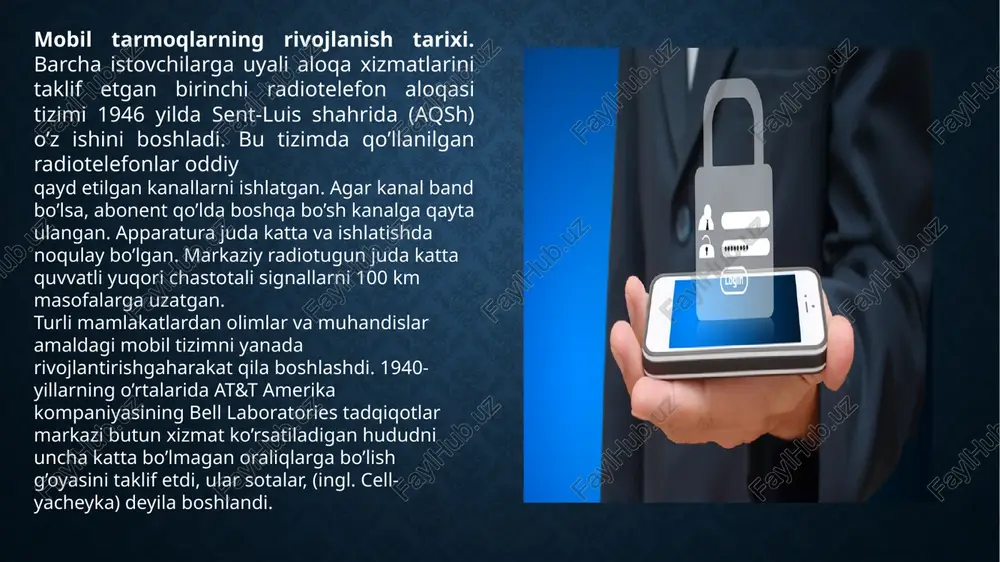 diyada joriy etildi. bu avlod aloqa jarayonlari uchun 1 avloddan farqli ravishda raqamli signallardan foydalanildi. 900mhz chastota polosa kengligida ishlovchi ushbu standartning ma’lumot uzatish tezligi 64 kbit/s gacha oshirish imkoniyati ishlab chiqildi. 2g tarmoqlari foydalanuvchilarga ovozli, matnli, rasmli va mms (multimedia message) xizmatlarini yuqori sifatda taqdim eta oldi. 3g ya’ni uchinchi avlod mobil aloqa tarmoqlari 2000-2010-yillar oralig’ida dunyo miqyosida keng foydalanildi va ularda foydalanilgan terminallar smartfonlar deb nomlandi. 1 va 2 avlod taqdim etgan xizmatlarga qo’shimcha video qo’ng’iroqlar ham ushbu avlod tomonidan qo’llab quvvatlandi. aloqa almashish tezligi juda tez, qo’shimcha xizmatlari ko’paygan va mobil tv xizmatlarini o’zida jamlagan 3g tarmoqlari 1.6- 2.0 ghz chastota diapozonida ishlaydi. bunday mobil aloqa tarmoqlarining o’tkazish polosasi 100hz va keng polosali tarmoq ham deb nomlanadi. 4g – to’rtinchi avlod texnalogiyasi. 2000-yildan oldi to’rtinchi avlod mobil texnologiyalarini rivojlantirish va joriy etish masalalari boshlangan bo’lsa, birinch marta 2009-yilning oxirida stokgolm va oslo shaharlarida teliasonera operatori 4g tarmog’ini …