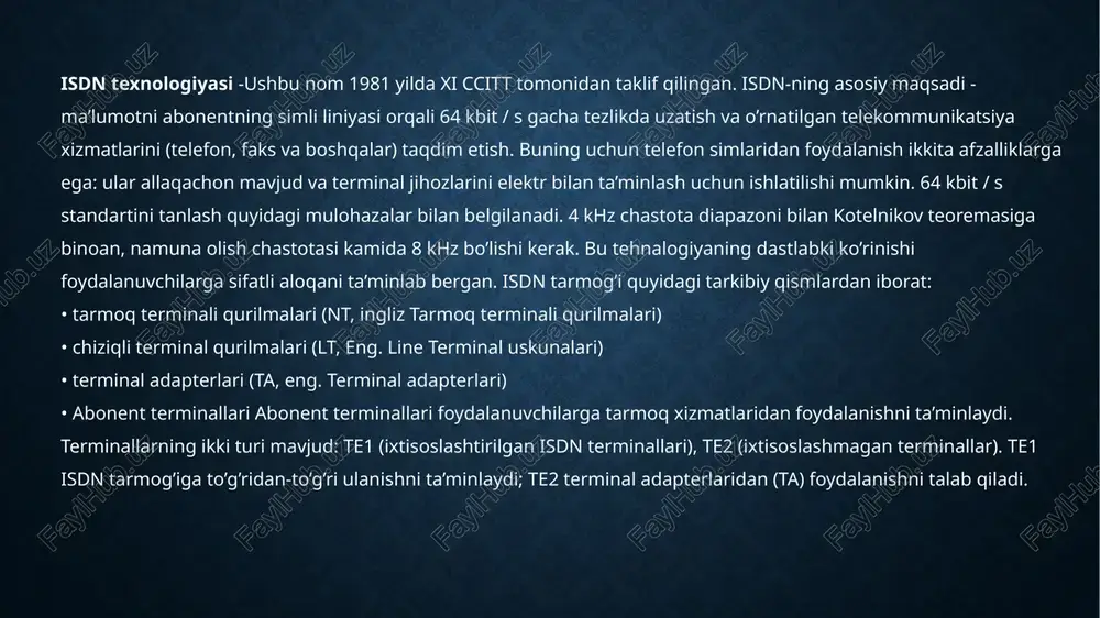 hda signal formatidan foydalanib maksimum 2kbit/s tezlikda ma’lumot almashinilgan. 2g - ikkinchi avlod aloqa mobil tarmog’i bo’lib, gsm (global system for mobiles) standartiga asoslangan 2 avlod mobil standarti 1991-yil birinchi marta finlandiyada joriy etildi. bu avlod aloqa jarayonlari uchun 1 avloddan farqli ravishda raqamli signallardan foydalanildi. 900mhz chastota polosa kengligida ishlovchi ushbu standartning ma’lumot uzatish tezligi 64 kbit/s gacha oshirish imkoniyati ishlab chiqildi. 2g tarmoqlari foydalanuvchilarga ovozli, matnli, rasmli va mms (multimedia message) xizmatlarini yuqori sifatda taqdim eta oldi. 3g ya’ni uchinchi avlod mobil aloqa tarmoqlari 2000-2010-yillar oralig’ida dunyo miqyosida keng foydalanildi va ularda foydalanilgan terminallar smartfonlar deb nomlandi. 1 va 2 avlod taqdim etgan xizmatlarga qo’shimcha video qo’ng’iroqlar ham ushbu avlod tomonidan qo’llab quvvatlandi. aloqa almashish tezligi juda tez, qo’shimcha xizmatlari ko’paygan va mobil tv xizmatlarini o’zida jamlagan 3g tarmoqlari 1.6- 2.0 ghz chastota diapozonida ishlaydi. bunday mobil aloqa tarmoqlarining o’tkazish polosasi 100hz va keng polosali tarmoq ham deb …