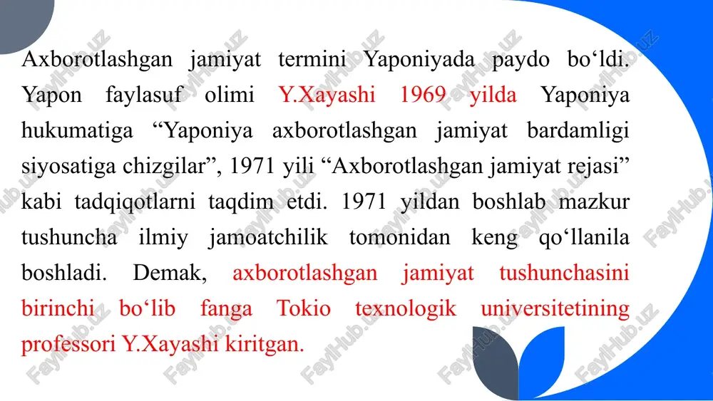 bunga misol sifatida yuneskoning “axborot hamma uchun” dasturi va “axboriy madaniyati” bo‘limni keltirish mumkin. ushbu dasturda shaxsning axboriy madaniyatining tarkibiy tuzilishi keltirilgan va quyidagi elementlarini o‘z ichiga oladi: shaxs axboriy madaniyatining tarkibiy tuzilishi: o‘zining axboriy ehtiyojini ifodalash, axborot so‘rovlarini shakllantirish qobiliyati; axborot resurslari bilimi; kutubxonalar imkoniyatlarini bilish va ulardan foydalanish qobiliyati; -axborot qidiruvini amalga oshirish qobiliyati; axborotlarni qayta ishlash bilim va ko‘nikmalari; axborotlarga tanqidiy yondashish, ularni tushunish va baholash hamda ulardan ijodiy foydalanish ko‘nikmalari; zamonaviy axborot-kommunikatsiya texnologiyalaridan foydalana bilish. ta’limni axborotlashtirish. jamiyat va ta’limni axborotlashtirishning huquqiy-me’yoriy asoslari ta'limni axborotlashtirish - ta'lim va tarbiya jarayonida axborot mahsulotlarini, vositalarini, texnologiyalarini joriy etish asosida pedagogik jarayonlarni o'zgartirish bo'yicha chora-tadbirlar to'plami. nazariy asos ta'limni axborotlashtirish birinchi navbatda informatika, so'ngra kibernetika, tizim nazariyasi va albatta didaktika. ma'lumki, informatika - bu tabiat va jamiyatdagi ma'lumotlarni ishlab chiqarish, qayta ishlash, saqlash va tarqatishni o'rganadigan bilim sohasi. maqsadlar: 1. ta'lim, ilmiy va madaniy ma'lumotlarga ega bo'lishi uchun qulay …