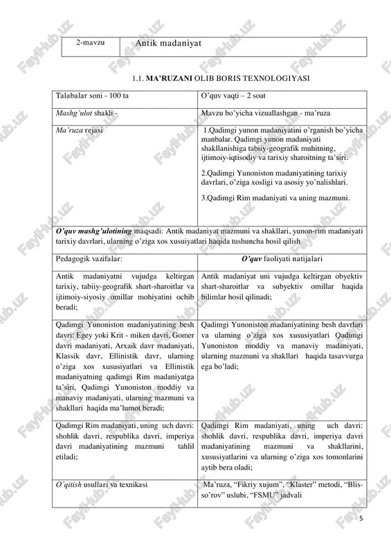lotini ―fikriy xujum‖ usuli bilan boshlaydi (1-slayd). ( ma’ruza mavzusi yuzasidan nazorat savollarini beradi) tahlil qiladi 2.2. birinchi rejada berilgan ―qadimgi yunon madaniyatini o’rganish bo’yicha manbalar. qadimgi yunon madaniyati shakllanishiga tabiiy- geografik muhitning, ijtimoiy- muayyan bilimlar o’zlashtiriladi 7 iqtisodiy va tarixiy sharoitning ta’siri. ‖ mavzusini ―g’isht‖ texnikasi orqali tushuntiradi. ( ma’ruza mavzusi yuzasidan nazorat savollarini beradi) talabalarning fikrni umumlashtiradi 2.3. qadimgi yunon va rim madaniyatining mazmuni shakllari va tarkibiy tuzulishini jonlantiruvchi savollar bilan yoritiladi: 1. qadimgi yunoniston madaniyatining tarixiy davrlari nechta? 2. qadimgi yunoniston madaniyatining tarkibiy qismlarini aytib bering? 3. qadimgi rim madaniyati va uning mazmuni yoriting? (8-9- slayd) 4. qadimgi yunoniston falsafiy fikrining cho’qqisi bo’lgan surot aflotun arastularning ijtimoiy- falsafiy fikrlarini qisqacha izohlaydi (6-slayd) ( ma’ruza mavzusi yuzasidan nazorat savollarini beradi) mustaqil fikrga ega bo’ladi 2.4. mavzu yuzasidan ikkinchi va uchinchi savolni tushuntirishda talabalarni erkin bahs-munozaraga tortish maqsadida ―fsmu‖ jadvalidan foydalangan holda 11- slayd topshirig’ini bajarishni taklif etadi 11-slayd …