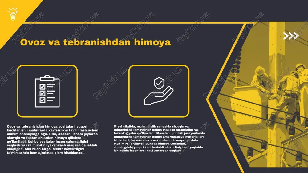 hiqarish sifatini oshirish: xavfsizlik standartlari, 1000 v gacha kuchlanish uchun mo'ljallangan himoya vositalarini ishlab chiqarishda sifatni oshirishga yordam beradi, bu esa ularning ishonchliligini va uzoq muddatli foydalanishini ta'minlaydi. 2. foydalanuvchilar xavfsizligini ta'minlash: ushbu standartlar foydalanuvchilarni elektr xavfidan himoya qilishda muhim rol o'ynaydi, chunki ular himoya vositalarining to'g'ri ishlashini va xavfsizligini ta'minlaydi. 3. bozor talablariga javob berish: xavfsizlik standartlariga rioya qilish, mahsulotlarning bozorda raqobatbardoshligini oshiradi va foydalanuvchilar orasida ishonchni kuchaytiradi, bu esa kompaniyalarga o'z mavqeini mustahkamlash imkonini beradi. me'yoriy hujjatlar 1000 v gacha bo'lgan kuchlanishlarda foydalanish uchun mo'ljallangan ximoya vositalari quyidagilardan iborat: 1. elektrik himoya qo'lqoplari - yuqori kuchlanishdan himoya qilish uchun mo'ljallangan. 2. izolyatsion poyafzal - elektr urishidan himoya qiluvchi maxsus materiallardan tayyorlangan. 3. izolyatsion matolar - ish joylarida xavfsizlikni oshirishga yordam beruvchi vositalar. ushbu vositalar uchun muayyan sertifikatlar talab etiladi, masalan, iso 9001 va iec 61482 standartlari. ishlab chiqarish jarayonida xavfsizlikni ta'minlash uchun barcha hujjatlar, sertifikatlar va sinov natijalari …