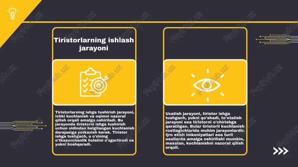ashtirish. 4. elektronika va avtomatika sohalarida innovatsion yechimlar. 5. kelajakda iot texnologiyalari bilan bog'liq yangi imkoniyatlar. photo by joe holland on unsplash zamonaviy tiristorli kuchlanish rostlagichlarning asosiy tushunchalari tiristorli kuchlanish rostlagichlar - bu kuchlanishni boshqarish uchun ishlatiladigan elektron qurilmalar. ular yuqori va past kuchlanishlarni boshqarishga imkon beradi. asosiy xususiyatlari: kuchlanishni tez o'zgartirish, energiya samaradorligi va ishonchlilik. ishlash prinsipi tiristorlarning qabul qiluvchi va chiqaruvchi kuchlanishlari o'rtasidagi bog'lanishga asoslanadi. zamonaviy texnologiyalar yordamida energiya ishlab chiqarish, transport va sanoat sohalarida keng qo'llaniladi. photo by fré sonneveld on unsplash tiristorli kuchlanish rostlagichlarning qo'llanilishi - sanoat va energiya sohalarida: tiristorli kuchlanish rostlagichlari energiya sarfini kamaytirishga yordam beradi va tizimning samaradorligini oshiradi. - uy jihozlarida: bu qurilmalar elektr energiyasini boshqarish va samarali foydalanishni ta'minlaydi, masalan, isitish yoki yoritish tizimlarida. - transport va transport tizimlarida: tiristorlar avtomobillarda, temir yo'llarda va boshqa transport vositalarida kuchlanishni boshqarish uchun qo'llaniladi. photo by anton dmitriev on unsplash zamonaviy tiristorli kuchlanish rostlagichlarining …