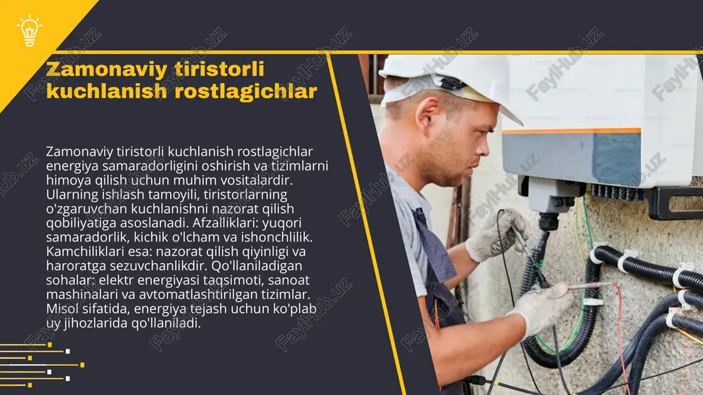 aradorligini oshirishda keng qo'llaniladi. ushbu rostlagichlar kuchlanishni muvozanatlash va energiya oqimini boshqarish imkonini beradi. ularning asosiy tushunchalari, turli xil turlari va zamonaviy texnologiyalarni qo'llash imkoniyatlari haqida qisqacha ma'lumot beriladi. afzalliklar tiristorli kuchlanish rostlagichlarining asosiy afzalliklari: energiya samaradorligi; yuqori quvvat va tezlik; ishonchlilik; narxning iqtisodiy jihatlari. photo by ej yao on unsplash kamchiliklar: 1. murakkablik; 2. yuqori harorat ta'siri; 3. kuchlanish cheklovlari; 4. ishlash muddatiga salbiy ta'sir; 5. ishonchlilik va samaradorlikni kamaytirishi mumkin. tiristorli kuchlanish rostlagichlarining kamchiliklari: ularning murakkabligi, yuqori harorat va kuchlanishning cheklovlari, shuningdek, ishlash muddatiga salbiy ta'siri mavjud. bu tizimlar ba'zi holatlarda ishonchlilik va samaradorlikni kamaytirishi mumkin. kamchiliklar tiristorli kuchlanish rostlagichlarining kamchiliklari tiristorli rostlagichlarning ishlash printsipi zamonaviy tiristorli rostlagichlar kuchlanishni boshqarishda tiristorlarning xususiyatlaridan foydalanadi. ular energiya iste'molini optimallashtiradi va tizim samaradorligini oshiradi. tiristorlarning ochilishi va yopilishi jarayonlari energiyani tejashga yordam beradi. tiristorlar kuchlanish rostlagichlarida tez ishlashni ta'minlaydi va kuchlanish o'zgarishini tezda aniqlaydi. zarur bo'lganda, kuchlanishni o'zgartirib, tizimni muvozanatda saqlaydi. …