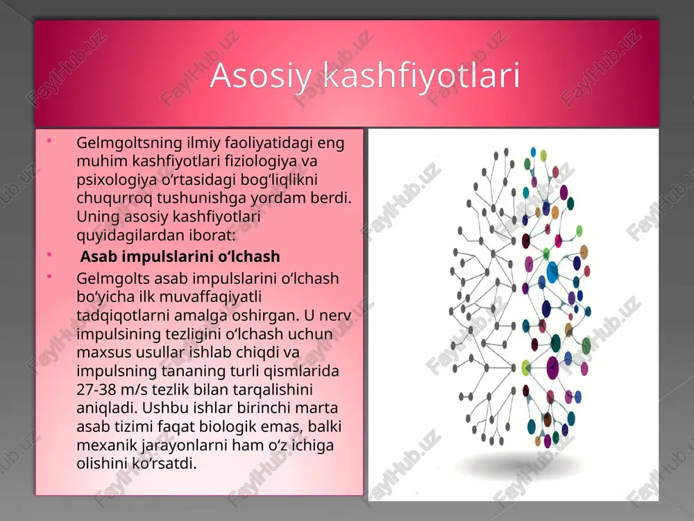 fizika, balki fiziologiya va biologiyaga ham katta ta’sir ko‘rsatdi. u fiziologik jarayonlarni o‘rganishda fizikaning asosiy tamoyillarini qo‘llagan va energiyaning tanadagi o‘zgarmasligini ilmiy asosda ko‘rsatib berdi. 1. energiyaning saqlanish tamoyili gelmgolts energiya saqlanish qonunining universal xususiyatini tushunish va isbotlash bilan shug‘ullangan. unga ko‘ra, energiya yo‘q qilinmaydi va yangidan paydo bo‘lmaydi, balki bir shakldan ikkinchi shaklga o‘tadi. u fiziologik jarayonlar (masalan, mushaklarning harakati) ham energiya saqlanish qonuniga bo‘ysunishini ilmiy tajribalar orqali isbotladi. 2. mushaklar harakati va energiya gelmgolts mushaklar harakati jarayonida mexanik ishning bajarilishi energiyaning kimyoviy shakldan mexanik shaklga aylanishi orqali amalga oshishini ko‘rsatdi. u mushaklarning harakat paytida issiqlik ishlab chiqarishini kuzatib, bu jarayonning energiya almashinuvi asosida sodir bo‘lishini aniqladi. biologiya va fizika integratsiyasi ushbu qonunni fiziologiya sohasiga tatbiq etish orqali gelmgolts fiziologik jarayonlarni fizik qonuniyatlar bilan bog‘ladi. bu, masalan, inson tanasidagi energiyaning ozuqa moddalari orqali olinib, organizmda issiqlik, harakat va boshqa funksiyalarga aylanishini tushuntirdi. fan uchun ahamiyati fiziologik jarayonlarni kvantitativ (miqdoriy) …