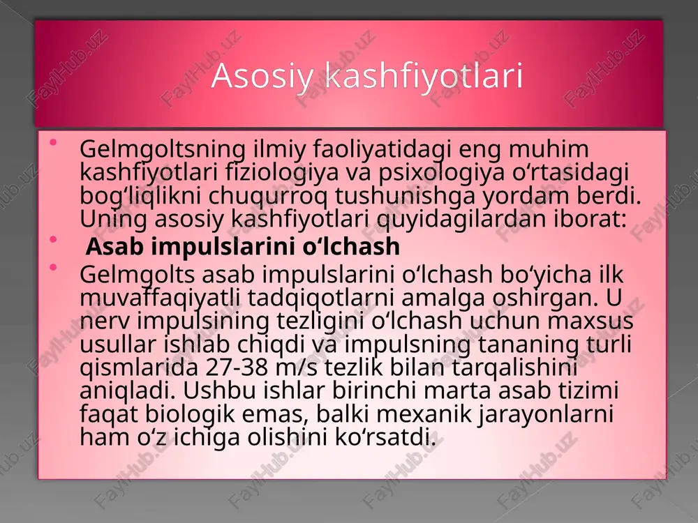 fizika, balki fiziologiya va biologiyaga ham katta ta’sir ko‘rsatdi. u fiziologik jarayonlarni o‘rganishda fizikaning asosiy tamoyillarini qo‘llagan va energiyaning tanadagi o‘zgarmasligini ilmiy asosda ko‘rsatib berdi. 1. energiyaning saqlanish tamoyili gelmgolts energiya saqlanish qonunining universal xususiyatini tushunish va isbotlash bilan shug‘ullangan. unga ko‘ra, energiya yo‘q qilinmaydi va yangidan paydo bo‘lmaydi, balki bir shakldan ikkinchi shaklga o‘tadi. u fiziologik jarayonlar (masalan, mushaklarning harakati) ham energiya saqlanish qonuniga bo‘ysunishini ilmiy tajribalar orqali isbotladi. 2. mushaklar harakati va energiya gelmgolts mushaklar harakati jarayonida mexanik ishning bajarilishi energiyaning kimyoviy shakldan mexanik shaklga aylanishi orqali amalga oshishini ko‘rsatdi. u mushaklarning harakat paytida issiqlik ishlab chiqarishini kuzatib, bu jarayonning energiya almashinuvi asosida sodir bo‘lishini aniqladi. biologiya va fizika integratsiyasi ushbu qonunni fiziologiya sohasiga tatbiq etish orqali gelmgolts fiziologik jarayonlarni fizik qonuniyatlar bilan bog‘ladi. bu, masalan, inson tanasidagi energiyaning ozuqa moddalari orqali olinib, organizmda issiqlik, harakat va boshqa funksiyalarga aylanishini tushuntirdi. fan uchun ahamiyati fiziologik jarayonlarni kvantitativ (miqdoriy) …