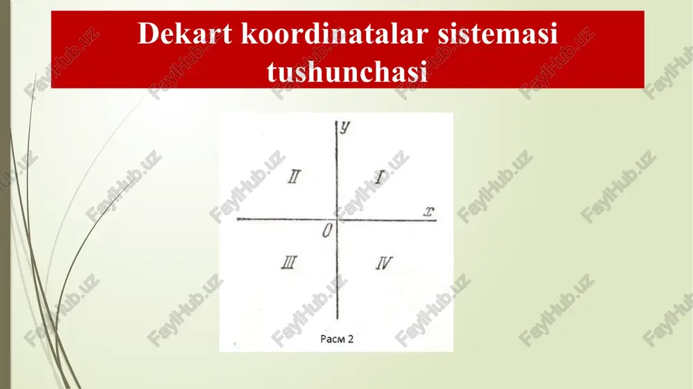 burchakli uchburchak pifagor teoremasiga koʻra ab2=ac2+bc2 boʻladi. (3) munosabatdan foydalanib ab2=(x2-x1)2+(y2-y1)2 tenglikni va undan esa a b 0 y x a1 b1 1 2  y )2 ab  (x  x )2  ( y 2 1 c tekislikda ikki nuqta orasidagi masofa tekislikda a(x1, y1) va b(x2, y2) nuqtalarni tutashtiruvchi ab toʻgʻri chiziq kesmasini qaraylik. bu kesmada shunday c nuqta topish kerakki ac kesmaga nisbati berilgan λ songa teng boʻlsin: ac   kesma va uni berilgan nisbatda boʻlish x cb izlanayotgan nuqtaning koordinatalarini x va y deylik c(x, y). a, b va c nuqtalardan ox oʻqiga perpendikulyar tushiramiz, unda oa1=x1 oc1=x, ob1=x2, aa1=y1, cc1=y, bb1=y2 boʻladi. y 0 a1 a c1 b1 d c b e ad=a1c1=oc1-oa1=x-x1 ce=c1b1=ob1-oc1=x2-x cd=cc1-dc1=y-y1 cc1=eb1=y aa1=dc1=y1 be=bb1-eb1=y2-y     x2  x y2  y x  x1 y  y1 shunday qilib ab kesmani λ nisbatda boʻluvchi c nuqtaning …