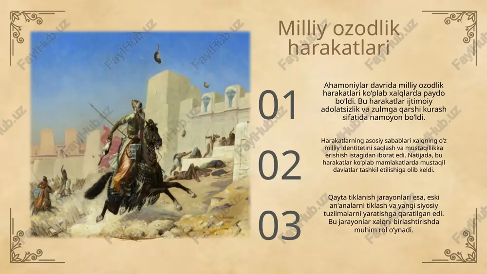a muvaffaqiyatli harakatlarni amalga oshirishga yordam beradi. ahamoniylar davrida yutuqlar ahamoniylar imperiyasi ahamoniylar davrida imperiya ko'plab muhim yutuqlarga erishdi, jumladan, savdo yo'llarining rivoji va ilm-fan sohasidagi innovatsiyalar. bu yutuqlar ahamoniylar imperiyasining madaniy va iqtisodiy kuchini oshirishga yordam berdi. yutuqlar va ularning ahamiyati birinchi yutuq - royal road qurilishi. ushbu yo'l savdo aloqalarini yaxshilab, imperiyaning iqtisodiy rivojlanishiga katta ta'sir ko'rsatdi. tarixiy ta'siri ikkinchi yutuq - me'morchilikdagi yutuqlar, masalan, persepolisdagi saroylar. bu obidalar ahamoniylar davrining madaniy merosini aks ettirib, keyingi avlodlarga ta'sir o'tkazdi. 01 02 03 milliy ozodlik harakatlarida muammolar milliy ozodlik harakatlari dastlabki muammolar bilan yuzma-yuz kelgan. bu muammolar orasida siyosiy repressiya, iqtisodiy qiyinchiliklar va madaniy cheklovlar mavjud bo'lib, ular harakatlarning samaradorligini pasaytirgan. muammolarni bartaraf etish jarayonida esa ko'plab to'siqlar paydo bo'lgan, masalan, ichki nizolar, resurslarning yetishmasligi va xalqaro qo'llab-quvvatlashning kamligi harakatlarni qiyinlashtirgan. photo by andrew neel on unsplash milliy ozodlik harakatlarining ijtimoiy asosi ijtimoiy qatlamlar milliy ozodlik harakatlarida muhim rol …