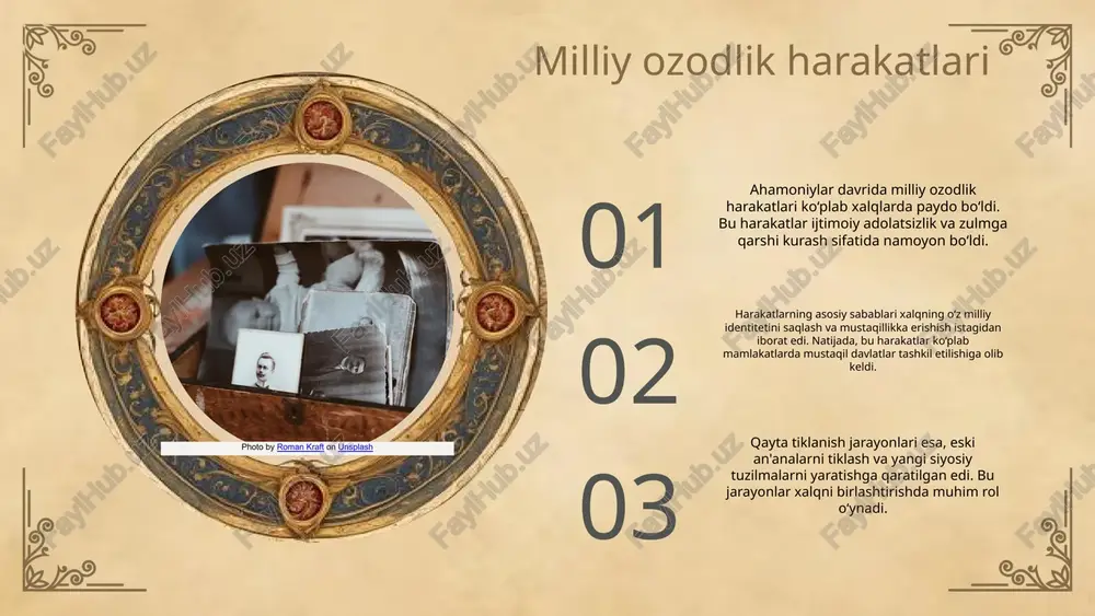 innovatsiyalar. bu yutuqlar ahamoniylar imperiyasining madaniy va iqtisodiy kuchini oshirishga yordam berdi. yutuqlar va ularning ahamiyati birinchi yutuq - royal road qurilishi. ushbu yo'l savdo aloqalarini yaxshilab, imperiyaning iqtisodiy rivojlanishiga katta ta'sir ko'rsatdi. tarixiy ta'siri ikkinchi yutuq - me'morchilikdagi yutuqlar, masalan, persepolisdagi saroylar. bu obidalar ahamoniylar davrining madaniy merosini aks ettirib, keyingi avlodlarga ta'sir o'tkazdi. 01 02 03 milliy ozodlik harakatlarida muammolar milliy ozodlik harakatlari dastlabki muammolar bilan yuzma-yuz kelgan. bu muammolar orasida siyosiy repressiya, iqtisodiy qiyinchiliklar va madaniy cheklovlar mavjud bo'lib, ular harakatlarning samaradorligini pasaytirgan. muammolarni bartaraf etish jarayonida esa ko'plab to'siqlar paydo bo'lgan, masalan, ichki nizolar, resurslarning yetishmasligi va xalqaro qo'llab-quvvatlashning kamligi harakatlarni qiyinlashtirgan. photo by andrew neel on unsplash milliy ozodlik harakatlarining ijtimoiy asosi ijtimoiy qatlamlar milliy ozodlik harakatlarida muhim rol o'ynaydi. ijtimoiy struktura, ya'ni turli ijtimoiy guruhlar va ularning manfaatlari, harakatlarning yo'nalishini belgilaydi va ko'plab odamlarni birlashtiradi. ijtimoiy muammolar, masalan, adolatsizlik, tengsizlik va iqtisodiy qiyinchiliklar, odamlarda …