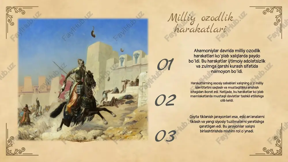 a muvaffaqiyatli harakatlarni amalga oshirishga yordam beradi. ahamoniylar davrida yutuqlar ahamoniylar imperiyasi ahamoniylar davrida imperiya ko'plab muhim yutuqlarga erishdi, jumladan, savdo yo'llarining rivoji va ilm-fan sohasidagi innovatsiyalar. bu yutuqlar ahamoniylar imperiyasining madaniy va iqtisodiy kuchini oshirishga yordam berdi. yutuqlar va ularning ahamiyati birinchi yutuq - royal road qurilishi. ushbu yo'l savdo aloqalarini yaxshilab, imperiyaning iqtisodiy rivojlanishiga katta ta'sir ko'rsatdi. tarixiy ta'siri ikkinchi yutuq - me'morchilikdagi yutuqlar, masalan, persepolisdagi saroylar. bu obidalar ahamoniylar davrining madaniy merosini aks ettirib, keyingi avlodlarga ta'sir o'tkazdi. 01 02 03 milliy ozodlik harakatlarida muammolar milliy ozodlik harakatlari dastlabki muammolar bilan yuzma-yuz kelgan. bu muammolar orasida siyosiy repressiya, iqtisodiy qiyinchiliklar va madaniy cheklovlar mavjud bo'lib, ular harakatlarning samaradorligini pasaytirgan. muammolarni bartaraf etish jarayonida esa ko'plab to'siqlar paydo bo'lgan, masalan, ichki nizolar, resurslarning yetishmasligi va xalqaro qo'llab-quvvatlashning kamligi harakatlarni qiyinlashtirgan. photo by andrew neel on unsplash milliy ozodlik harakatlarining ijtimoiy asosi ijtimoiy qatlamlar milliy ozodlik harakatlarida muhim rol …
