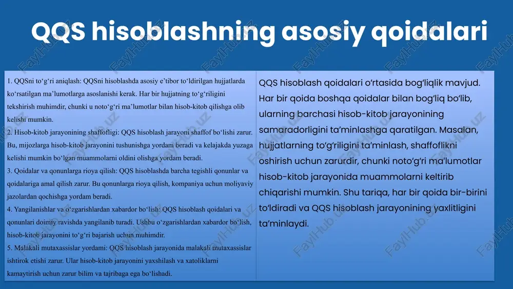 arining samaradorligi va to'g'riligi baholanadi, natijalar tahlil qilinadi va zarur bo'lsa, o'zgartirishlar kiritiladi. nazorat va tahlil usullari nazoratning ahamiyati: nazorat usullari hisobni tashkil etishda muhim rol o'ynaydi. bu usullar orqali moliyaviy resurslarni samarali boshqarish va xatoliklarni oldini olish mumkin. nazorat jarayonida hisob raqamlarining to'g'riligi va ishonchliligi tekshiriladi, bu esa moliyaviy hisobotlarni tayyorlashda muhim ahamiyatga ega. tahlil usullari: tahlil usullari yordamida mavjud ma'lumotlar chuqur o'rganiladi. ular orasida statistik tahlil, moliyaviy ko'rsatkichlar va solishtirma tahlil usullari mavjud. bu usullar orqali tashkilotning moliyaviy holati va samaradorligi baholanadi. tahlil natijalari nazorat jarayoni uchun asos bo'lib xizmat qiladi. natijalarni baholash: natijalarni baholash jarayonida tahlil qilingan ma'lumotlar asosida hisoblar tekshiriladi va natijalar berilgan maqsadlarga mos kelishi yoki kelmasligi aniqlanadi. bu jarayon tashkilotning moliyaviy strategiyasini belgilashda muhimdir. takliflar: hisobni tashkil etishda nazorat va tahlil usullarini yanada samarali qo'llash uchun quyidagi takliflarni kiritish mumkin: 1. nazorat jarayonlarini avtomatlashtirish. 2. davlat va tashqi auditlarni qo'shish. 3. xodimlar o'rtasida muntazam …