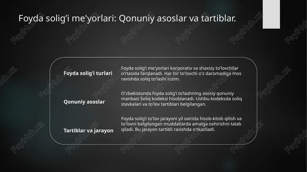 yukini kamaytirishga va raqobatbardoshlikni oshirishga yordam berdi. 3 investitsiyalar va o'sish korporativ soliqning pasayishi investitsiyalarni jalb qilishga xizmat qiladi. o'zbekistonda yangi loyihalar va innovatsiyalarni moliyalashtirishda muhim omil bo'lib qoldi. 4 o'zbekiston tajribasi o'zbekistonning korporativ soliq tajribasi boshqa mamlakatlar uchun namuna bo'lishi mumkin. iqtisodiy barqarorlikni saqlash va rivojlanishni ta'minlashda muhimdir. foyda solig’i to'lovchilarining ijtimoiy mas'uliyati va iqtisodiy ta'siri. ijtimoiy mas'uliyat foyda solig’i to'lovchilari jamiyat oldida moliyaviy mas'uliyatni yuklaydi, bu esa ijtimoiy rivojlanish va barqarorlikka hissa qo'shadi. iqtisodiy ta'sir foyda solig’i to'lovchilari davlat byudjetini to'ldirib, iqtisodiy o'sishga yordam beradi, bu esa yangi ish o'rinlari va investitsiyalarni keltirib chiqaradi. davlat va jamiyat soliq to'lovchilari davlat xizmatlarining moliyalashtirilishida muhim rol o'ynaydi, shuningdek, ijtimoiy infratuzilmani rivojlantirishga hissa qo'shadi. barqarorlik va taraqqiyot foyda solig’i to'lovchilari iqtisodiy barqarorlikni ta'minlashga yordam beradi, bu esa uzoq muddatli iqtisodiy rivojlanish uchun zaruriy shartdir. soliq siyosati va iqtisodiy o'zgarishlar: foyda solig’ining roli. foyda solig’i, davlatning iqtisodiy siyosatida muhim o’rin egallaydi. u …