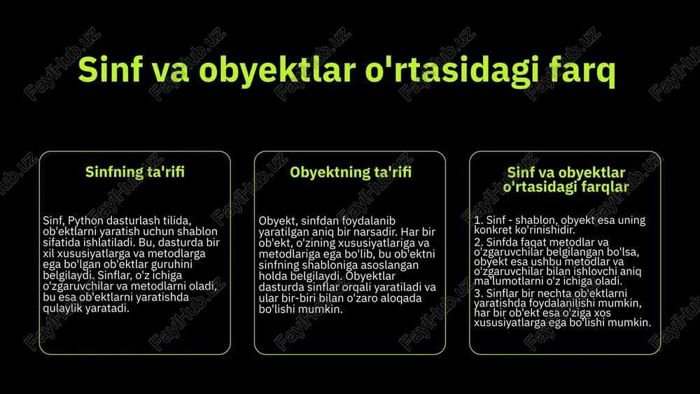 urlash (oop) prinsiplarini o'zlashtirishda muhimdir. photo by fatos bytyqi on unsplash photo by jefferson santos on unsplash amaliy misollar photo by alvaro reyes on unsplash photo by maik jonietz on unsplash photo by nejc soklič on unsplash photo by boitumelo on unsplash photo by luke peters on unsplash photo by boitumelo on unsplash photo by shamin haky on unsplash obyektlar bilan ishlashning afzalliklari dasturlashni soddalashtirish obyektlar bilan ishlash dasturlash jarayonini sezilarli darajada soddalashtiradi. ular kodni strukturaga solib, dasturchilarga murakkab tizimlarni osonroq boshqarish imkonini beradi. bu, o'z navbatida, xarajatlarni kamaytirish va vaqtni tejashga yordam beradi. koddan foydalanishning qayta ishlatilishi obyektlar kodni qayta ishlatishga imkon beradi. dasturchilar tayyor obyektlardan foydalanib, yangi dasturlar yaratish jarayonini tezlashtiradilar. bu esa dasturlash jarayonini samaraliroq va iqtisodiy jihatdan foydali qiladi. xatolarni kamaytirish obyektga asoslangan dasturlash xatolarni kamaytirishga yordam beradi. obyektlar yordamida kodni yanada aniq va tushunarli shaklda yozish mumkin, bu esa xatolarni aniqlash va tuzatishni osonlashtiradi. python …