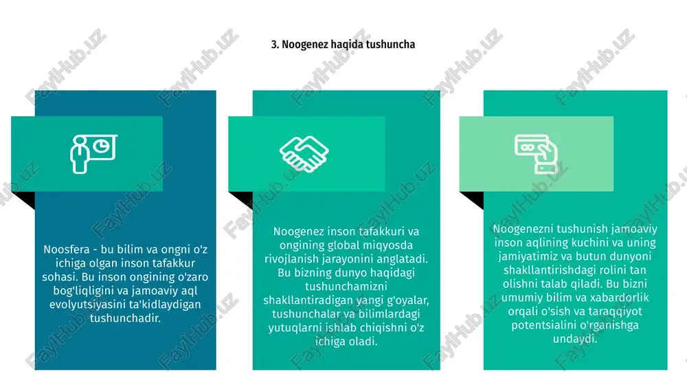 i o'rganishlari mumkin. texnologiyani rivojlantirishda va koinot haqidagi tushunchamizni kengaytirishda davom etar ekanmiz, noosferani o'rganish kelajagimizni shakllantirishda hal qiluvchi rol o'ynaydi. fanlararo tadqiqot va hamkorlik orqali noogenez kontseptsiyasi insoniyatni yanada uyg'un va muvozanatli hayotga yo'naltirishi mumkin. salavha noosfera, vladimir vernadskiy tomonidan ommalashtirilgan atama, inson tafakkuri va ong sohasini anglatadi. noogenez tushunchasi yoki inson tafakkurining evolyutsiyasi bu g‘oyaning markaziy o‘rinni egallaydi. 1 raqamli asr kontekstida noosfera tushunchasi yangi ahamiyat kasb etadi. raqamli texnologiyalar bizning kundalik hayotimizga tobora ko'proq integratsiyalashgani sayin, ular bizning jamoaviy ongimizni shakllantiradi va ta'sir qiladi. 3 internet va ijtimoiy tarmoqlarning paydo bo'lishi ilgari hech qachon ko'rilmagan global o'zaro bog'liqlikni keltirib chiqardi, bu noosfera doirasida inson tafakkuri evolyutsiyasi uchun yangi imkoniyatlarni keltirib chiqardi. 2 14. noogenez va internet a vladimir vernadskiy tomonidan ishlab chiqilgan noosfera tushunchasi inson tafakkuri va jamoaviy bilim sohasini nazarda tutadi. noosferaning shakllanishi va evolyutsiyasi jarayoni bo'lgan noogenez inson ongi va sivilizatsiyasini shakllantirishda hal qiluvchi rol …