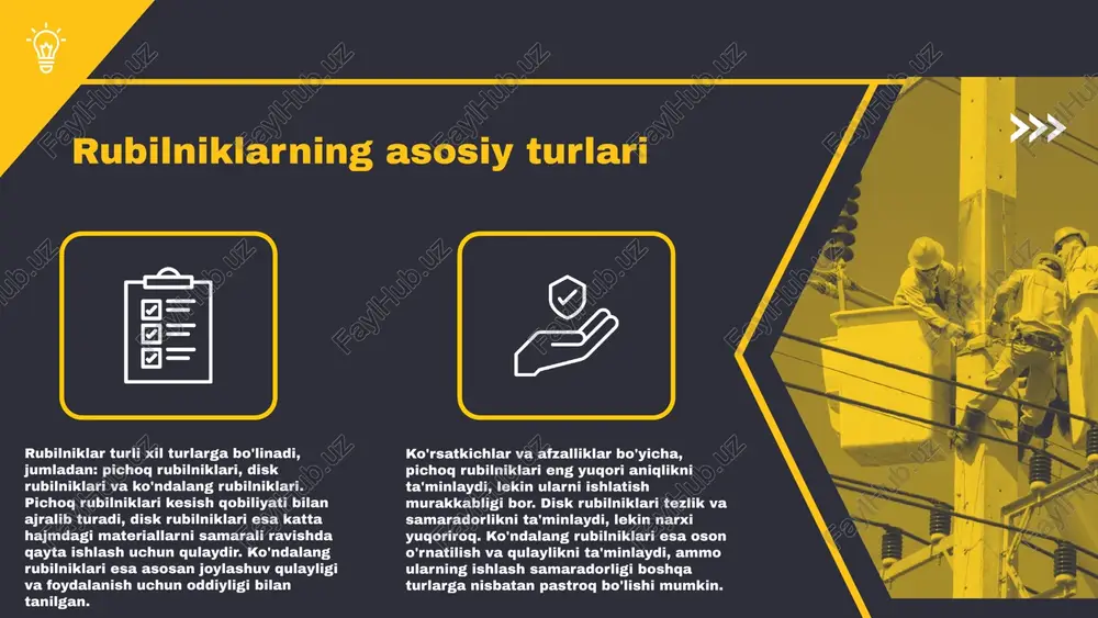 omonidan ishlatiladigan rubilniklar, talabalarning o'z-o'zini baholashi va baholash jarayonlarida qanday qo'llanilishi haqida. ushbu jihatlar rubilniklarni samarali va maqsadga muvofiq ishlatishda yordam beradi. photo by josh olalde on unsplash rubilniklarning texnik talablariga rioya qilish rubilniklar uchun texnik talablar - bu ularning samarali va xavfsiz ishlashini ta'minlash uchun zarur bo'lgan standartlar va ko'rsatmalardir. asosiy talablar quyidagilar: 1) ishlash parametrlarini belgilovchi standartlarga rioya qilish, masalan, materiallarning mustahkamligi va ishonchliligi. 2) rubilniklarning yuk ko'tarish qobiliyati, shuningdek, energiya sarfi. 3) maxsus misollar: 1) rubilnikning maksimal aylanish tezligi, 2) o'zgaruvchan yuklar uchun moslashuvchanlik. ushbu talablar rubilniklarning sifatini va ularning uzoq muddatli ishlashini ta'minlaydi. rubilniklarni saqlash va parvarish qilish rubilniklarni saqlash va parvarish qilishda bir nechta asosiy qoidalar mavjud. birinchi navbatda, rubilniklarni to'g'ri harorat va namlik sharoitida saqlash kerak. shuningdek, ularni toza va quritilgan joyda joylashtirish muhimdir. har doim rubilniklarni muntazam ravishda tekshirib turish, ularning holatini kuzatib borish zarur. rubilniklarning uzoq muddatli foydalanish uchun, muntazam texnik xizmat …