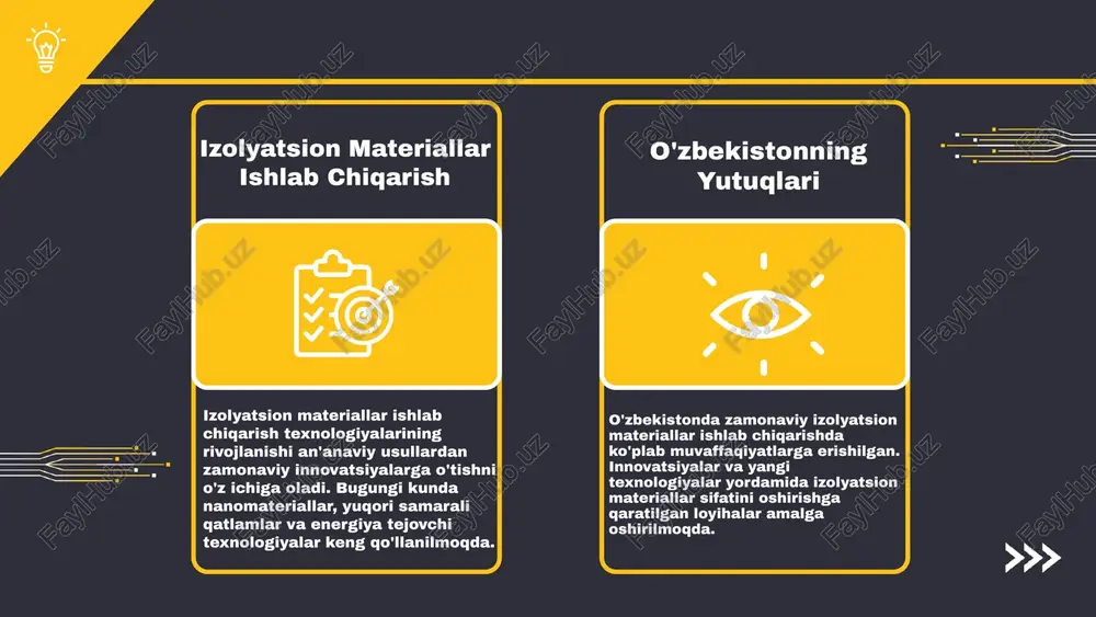 siya materiallari turlari: - plastik: yengil, suvga chidamli, biroq issiqlik o'tkazuvchanligi yuqori. - keramik: yuqori haroratga chidamli, lekin og'ir va qimmat. - mineral: yaxshi issiqlik izolyatsiyasi, ammo namlikka sezgir. har bir tur o'ziga xos afzallik va kamchiliklarga ega. photo by jonathan hanna on unsplash bugungi kunda izolyatsiya materiallari nanomateriallar, polymatlar va mineral moddalar kabi turlarga ega. kelajakda izolyatsiya texnologiyalari yanada rivojlanib, yangi materiallar va usullar ishlab chiqilishi kutilmoqda, bu esa xavfsizlik va energiya samaradorligini oshiradi. izolyatsiya elektr tizimlarida xavfsizlikni ta'minlashda muhim rol o'ynaydi. u elektr oqimining o'zgarishini cheklab, qisqa tutashuvlarni oldini oladi. shuningdek, izolyatsiya materiallari energiya samaradorligini oshirishga yordam beradi va qurilmalarning muddatini uzaytiradi. izolyatsiyaning texnologik ahmiyati izolyatsiyaning rivojlanish istiqboli izolyatsiyaning kelajakdagi rivoji yangi izolyatsion materiallar va texnologiyalarni rivojlantirishda bir qator muhim tendensiyalar mavjud. birinchidan, yuqori samarali va ekologik toza materiallar ishlab chiqarish ustuvor yo'nalishga aylanmoqda. ikkinchidan, izolyatsiya sohasidagi ilmiy tadqiqotlar muhim ahamiyatga ega bo'lib, ular yangi texnologik yechimlarni taklif …