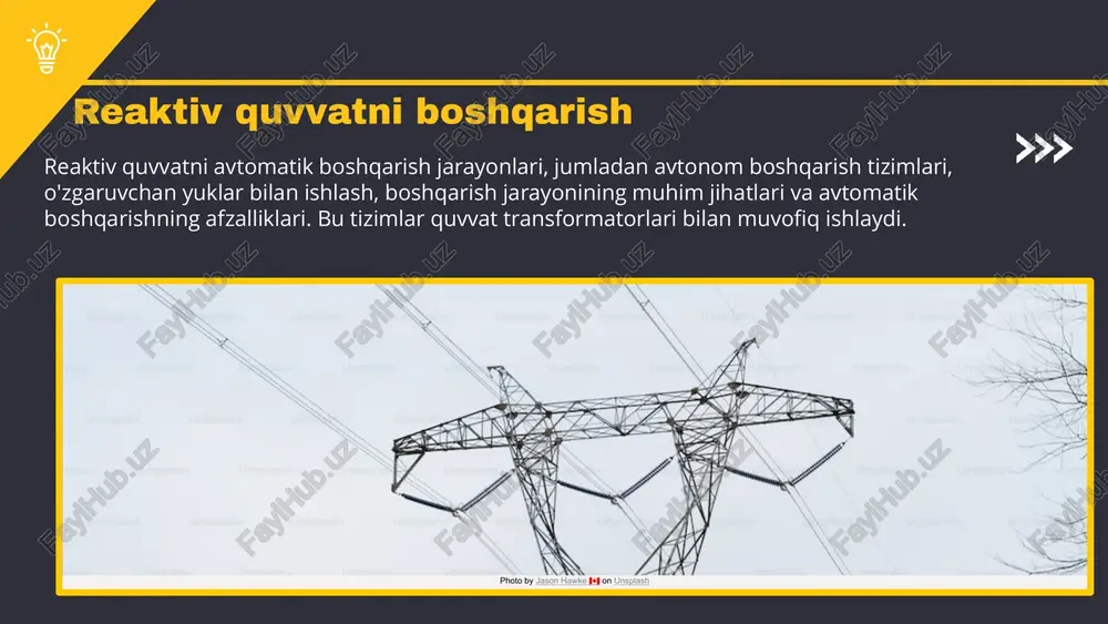 vtomatik rostlash sxemalari energiya tizimlarida muhim rol o'ynaydi. ular energiya sifatini yaxshilash, ishonchlilikni oshirish va quvvat sarfini optimallashtirish uchun qo'llaniladi. ushbu sxemalar energiya ta'minotining barqarorligini ta'minlaydi va energiya yo'qotishlarini kamaytiradi. avtomatik rostlash sxemalari avtomatik boshqarish tizimlarining afzalliklari qlchov tok transformatorlarining asosiy xususiyatlari • qlchov tok transformatorlari energiya tizimlarida muhim rol o'ynaydi, energiya samaradorligini oshirishga yordam beradi. • ushbu transformatorlar yuqori samaradorligi va ishonchliligi bilan ajralib turadi, bu esa energiya sarfini kamaytiradi. • mijozlar uchun afzalliklar: energiya tejamkorligi, operatsion xarajatlarni pasaytirish va ishonchli ishlash. • ishlash samaradorligini oshirish uchun zamonaviy texnologiyalarni joriy etish va muntazam texnik xizmat ko'rsatish muhimdir. photo by max larochelle on unsplash reaktiv quvvatni boshqarishning innovatsion yechimlari • innovatsion texnologiyalar va usullar: yangi energiya boshqarish texnologiyalari, masalan, aqlli transformatorlar va avtomatik boshqaruv tizimlari. • o'zbekiston energetika tizimidagi yangiliklar: mamlakatda energiya samaradorligini oshirishga qaratilgan loyihalar. • tajribalar va muvaffaqiyatli misollar: o'zbekistondagi energiya inshootlarida amalga oshirilgan muvaffaqiyatli innovatsiyalar. • kelajak …