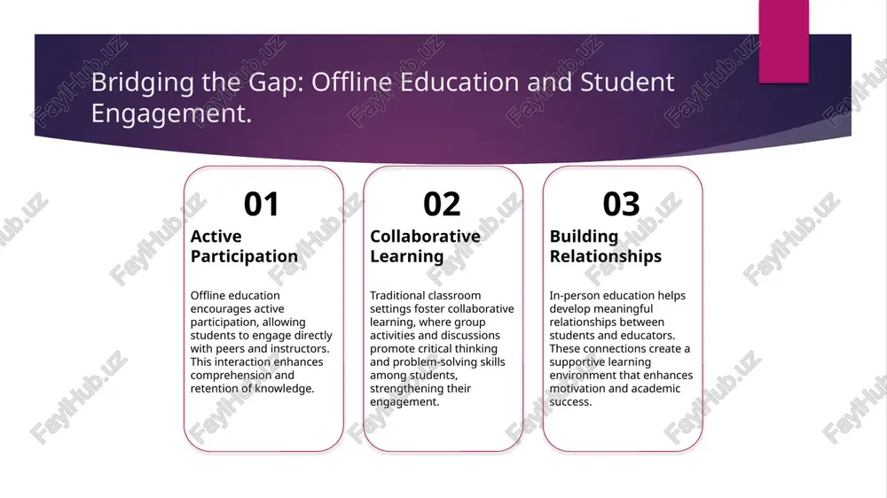 engthens ties and support networks within educational environments. 3 cultural exchange offline classrooms serve as platforms for cultural exchange, allowing students to share their backgrounds, fostering mutual respect and understanding, which enriches the educational experience. 4 collaborative learning group activities in traditional education settings enhance collaborative learning, enabling students to develop teamwork skills, build trust, and create lasting friendships that contribute to community bonds. the impact of face-to-face communication on student development. 1 enhancing understanding - face-to-face communication facilitates immediate clarification of concepts, allowing students to ask questions and receive instant feedback, thus deepening their understanding. 2 building relationships - in-person interactions foster strong relationships among peers and instructors, promoting a supportive learning environment that enhances collaboration and academic success. 3 developing soft skills - engaging in face-to-face discussions helps students develop essential soft skills, such as empathy, active listening, and effective communication, crucial for personal and professional growth. group …