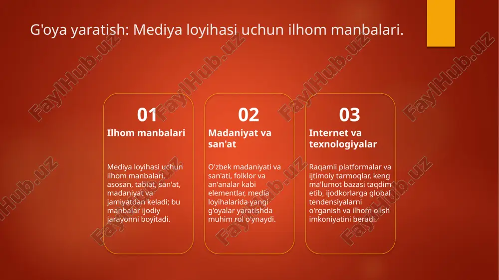 ffaqiyati uchun zarur. jamoa a'zolari o'rtasida ochiq muloqot, fikr almashish va qo'llab-quvvatlash zarur. 3 muloqot ko'nikmalari muloqot ko'nikmalari kreativ jamoalarning asosidir. fikrlarni aniq ifodalash va tinglash, jamoaviy ishni yanada samarali qiladi. taqdimot jarayonida muvaffaqiyatli kommunikatsiya asoslari. 1 tushunish va e'tibor - taqdimot jarayonida auditoriya tushunishi va e'tiborini jalb qilish muhimdir. mavzuni aniq va sodda ifodalash kerak. 2 yozma va og'zaki - taqdimotda yozma va og'zaki kommunikatsiya o'zaro bog'liq. yozma materiallar auditoriya uchun qo'llanma, og'zaki esa muhokama va izohlar kiritish imkonini beradi. 3 vizual materiallar - vizual materiallar taqdimotni jonlantiradi. grafikalar, diagrammalar va videolar auditoriyaning qiziqishini oshirib, tushunishni yaxshilaydi. 4 muloqot strategiyalari - samarali muloqot strategiyalari auditoriya bilan aloqani kuchaytiradi. savollar berish, fikr almashish va muhokama qilish jarayonini qo'llab-quvvatlash muhimdir. o'z mediya loyihasida auditoriya bilan muloqot strategiyalari. 1 auditoriya tahlili auditoriya tahlili orqali muayyan guruhning ehtiyojlari va qiziqishlarini aniqlash, media loyihalarining muvaffaqiyatini oshiradi va muloqot strategiyalarini shakllantiradi. 2 muloqot usullari turli …