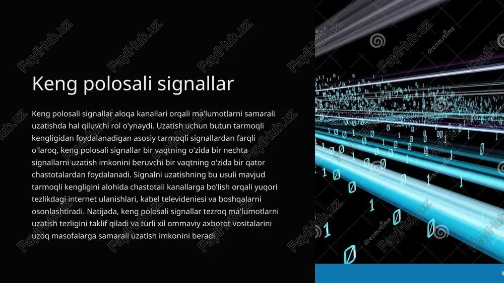 astota modulyatsiyasi (fm) kabi modulyatsiya usullari qo'llaniladi. uzluksiz signallar saqlash va qayta ishlash uchun raqamli formatga aylantirish uchun analog-raqamli konvertorlar (adc) yordamida qayta ishlanadi. afzalliklar va qiyinchiliklar uzluksiz signallar asl ma'lumotlarning yuqori sifatli tasvirini taklif qiladi va tabiiy, insonga qulay tuyg'uga ega. biroq, ular shovqin va shovqinlarga moyil bo'lib, signalning ishonchliligi va yaxlitligini ta'minlash uchun aloqa tizimlarini ehtiyotkorlik bilan loyihalashni talab qiladi. 8 diskret signallar ta'rif diskret signallar ma'lum vaqt oralig'ida alohida ma'lumotlar qiymatlari guruhi bilan ifodalanadi. bu vaqt oraliqlari ko'pincha teng oraliqda bo'ladi va qiymatlar faqat raqamli aloqada ikkilik raqamlar (0 va 1s) kabi o'ziga xos, alohida qiymatlarni olishi mumkin. bu signallarning diskret xususiyati axborotni aniq va ishonchli uzatish va saqlash imkonini beradi. ilovalar diskret signallar turli xil aloqa tizimlarida, jumladan, raqamli telekommunikatsiya, kompyuter tarmoqlari va ma'lumotlarni saqlashda keng qo'llaniladi. ular matn, tasvir va audio signallar kabi raqamli ma'lumotlarni kodlash va uzatish uchun zarurdir. signallarning diskret tabiati xatolarni aniqlash …