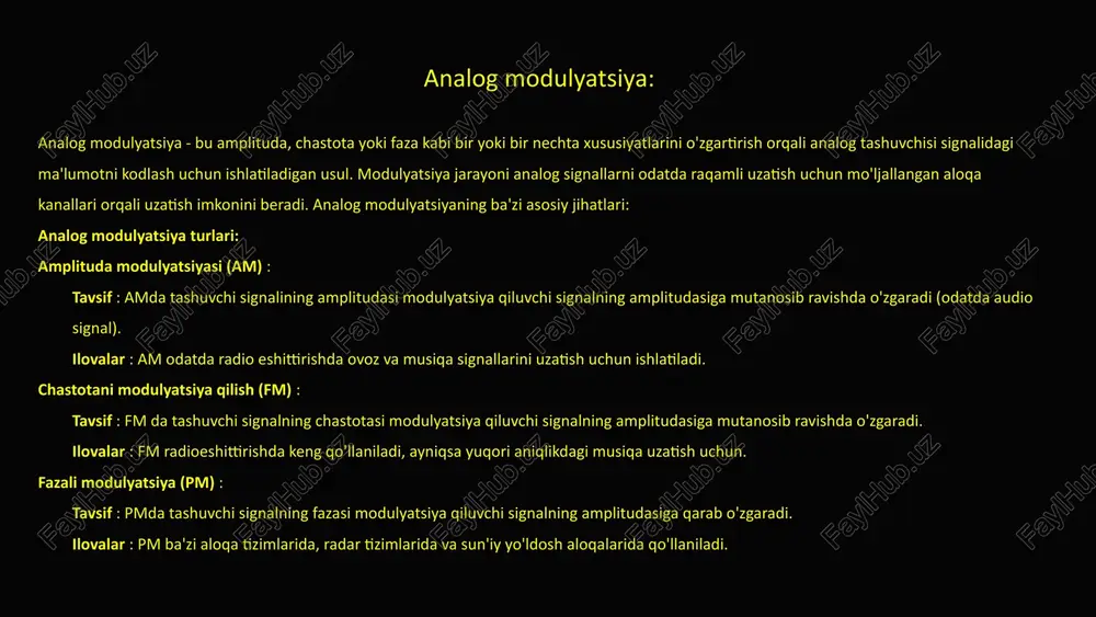 a ob'ektlarning masofasini, tezligini va yo'nalishini aniqlash va o'lchash uchun radar tizimlarida qo'llaniladi. analog modulyatsiya ko'p yillar davomida turli aloqa tizimlarida keng qo'llanilsa-da, raqamli texnologiyaning rivojlanishi samaradorlik, ishonchlilik va moslashuvchanlikdagi afzalliklari tufayli zamonaviy aloqa tizimlarida raqamli modulyatsiya usullarini qo'llashga olib keldi. biroq, analog modulyatsiya hali ham ba'zi ilovalarda, ayniqsa radioeshittirish va ovozli aloqa tizimlarida muhim rol o'ynaydi. 6 raqamli modulyatsiya - raqamli ma'lumotni aloqa kanallari orqali uzatish uchun analog tashuvchi signalga kodlash uchun ishlatiladigan usul. raqamli modulyatsiya usullari ikkilik ma'lumotlarni (0s va 1s) ifodalash uchun tashuvchi signalning amplitudasini, chastotasini yoki fazasini o'zgartiradi. raqamli modulyatsiya raqamli signallarni turli xil aloqa vositalari orqali samarali va ishonchli uzatish imkonini beradi. raqamli modulyatsiyaning ba'zi asosiy jihatlari: raqamli modulyatsiya turlari: amplitudani almashtirish (ask) : tavsif : ask da tashuvchi signalining amplitudasi ikkilik ma'lumotlarni ifodalash uchun o'zgartiriladi. yuqori amplituda bitta ikkilik holatni (odatda "1"), past amplituda esa boshqa ikkilik holatni (odatda "0") ifodalaydi. ilovalar : ask …