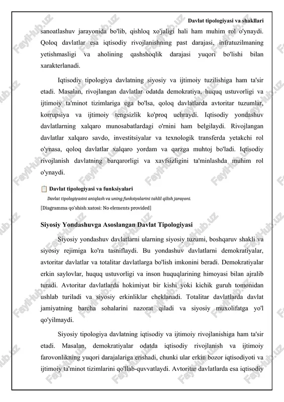 'lida jamlangan. saudiya arabistoni, bruney kabi davlatlar bunga misol bo'la oladi. konstitutsiyaviy monarxiyalarda monarxning hokimiyati konstitutsiya bilan cheklangan va u ko'proq ramziy rol o'ynaydi. buyuk britaniya, ispaniya, yaponiya kabi davlatlar bunga misol bo'ladi. konstitutsiyaviy monarxiyalarda real hokimiyat parlament va hukumatga tegishli. monarxiyaning afzalliklari sifatida davlat barqarorligini, an'analarni saqlashni va jamiyatni birlashtirishni ta'minlash qobiliyati ko'rsatiladi. monarx ko'pincha milliy birlik ramzi sifatida qaraladi. kamchiliklari esa, hokimiyatning merosxo'rlik yo'li bilan o'tishi, monarxning faoliyati nazorat qilinmasligi va hokimiyat suiiste'mol qilinishi mumkinligi bilan bog'liq. monarxiyaning qanday bo'lishidan qat'iy nazar, davlatning siyosiy va ijtimoiy tizimiga sezilarli ta'sir ko'rsatadi. 📈 monarxiya davlatlarida hokimiyat tarmoqlarining taqsimlanishi (2023) ushbu diagramma monarxiya davlatlarida hokimiyat tarmoqlarining turli shakllarida tarqalishini ko'rsatadi. davlat boshqaruv shakllari: respublika respublika – davlat hokimiyati saylovlar yo'li bilan ma'lum muddatga saylangan shaxslar yoki organlar tomonidan amalga oshiriladigan boshqaruv shaklidir. respublika prezidentlik, parlamentar va aralash (yarim prezidentlik) turlarga bo'linadi. prezidentlik respublikalarida prezident davlat boshlig'i va ijro etuvchi hokimiyat rahbari …