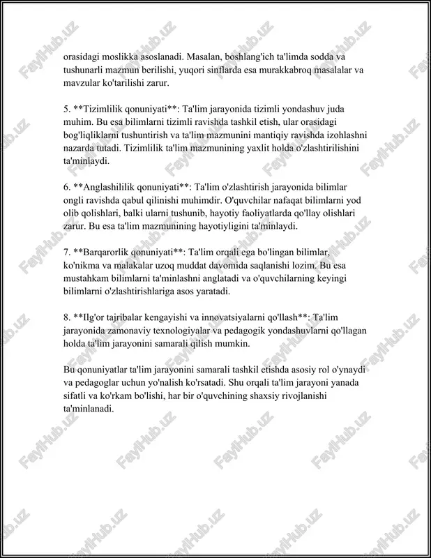 oshiradi. 2. **turli xil o‘qitish uslublari va metodlarini qo‘llash**: individual yondashuvning muhim jihati turli xil pedagogik uslublar va metodlarni qo‘llashdir. masalan, visual, audial, kinestetik o‘quvchilarga har xil yondashuvlar samarali bo‘lishi mumkin. 3. **ko‘p darajali ta’lim**: bu jarayonda o‘quvchilarni qobiliyat darajalariga qarab turli guruhlarga ajratish orqali ta’lim sifatini oshirish mumkin. bu yondashuv orqali har bir o‘quvchi o‘z darajasiga mos materialni o‘zlashtirish imkoniyatiga ega bo‘ladi. 4. **axborot-kommunikatsiya texnologiyalaridan foydalanish**: zamonaviy ta’lim jarayoni akt vositalarisiz tasavvur etib bo‘lmaydi. individualizatsiyalangan ta’lim jarayonida har bir o‘quvchi uchun alohida elektron resurslar va dasturlar ishlatilishi mumkin. misol uchun, adaptiv o‘quv platformalari har bir o‘quvchining o‘zlashtirish sur’ati va qobiliyatiga mos dasturlarni taklif etadi. 5. **doimiy teskari aloqa va baholashni tashkil etish**: o‘quv jarayonida talabalarga doimiy teskari aloqa orqali ularning qanchalik muvaffaqiyatli o‘rganayotganliklari haqida ma’lumot berish individualizatsiyaning muhim qismi hisoblanadi. shu tarzda, o‘quvchilar o‘zlarining mustaqil kamchiliklarini aniqlab, ularga mos ta’lim olishlari mumkin. 6. **moslashuvchan ta’lim jadvali**: har bir o‘quvchining …
