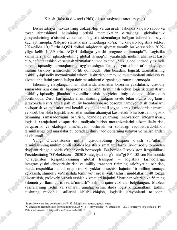 g va indekslar bilan ishlashda ilmiy salohiyat hamda amaliy faoliyat uygʻunligini taʼminlash chora-tadbirlari toʻgʻrisida”gi, 2018-yil 12-apreldagi pq-3665- son “oʻzbekiston respublikasi davlat bojxona xizmati organlarining faoliyatini tashkil etish toʻgʻrisida”gi va 2017-yil 2-dekabrdagi pq-3422-son “2018-2022-yillarda transport infratuzilmasini takomillashtirish va yuk tashishning tashqi savdo yoʻnalishlarini diversifikatsiyalash chora-tadbirlari toʻgʻrisida”gi qarorlari, oʻzbekiston respublikasi vazirlar mahkamasining 2019 yil 12-apreldagi 305-son “oʻzbekiston respublikasi transport vazirligi huzuridagi transport va logistikani rivojlantirish muammolarni oʻrganish markazi faoliyatini tashkil etish chora-tadbirlari toʻgʻrisida”gi qarori hamda sohaga oid boshqa meʼyoriy-huquqiy hujjatlarda belgilangan vazifalarni amalga oshirishda mazkur dissertatsiya ishi muayyan darajada xizmat qiladi. tadqiqotning respublika fan va texnologiyalari rivojlanishi ustuvor yoʻnalishlariga mosligi. mazkur tadqiqot respublika fan va texnologiyalari rivojlanishining i. “demokratiya va huquqiy jamiyatni maʼnaviy-axloqiy hamda madaniy rivojlantirish, innovatsion iqtisodiyotni shakllantirish” ustuvor yoʻnalishi doirasida bajarilgan. muammoning oʻrganilganlik darajasi. logistik xizmatlarning tashkiliy- iqtisodiy mexanizmini takomillashtirishning nazariy-uslubiy masalalari xorijlik iqtisodchi olimlar d.waters, j.f.magee, s.bensassi, ch.martin, donald j.boversox, j.mentzer, s. chopra, yossi sheffi, darong ling, a. grainer, …