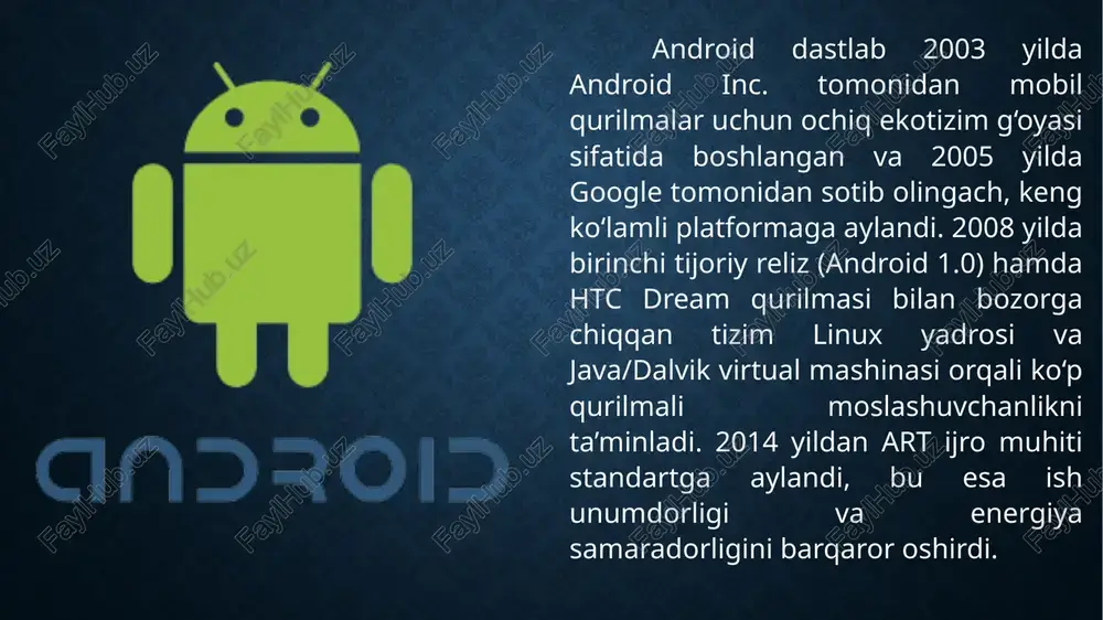 rini boshqarish (pos tizimlar), mijozlar bilan aloqa (crm ilovalari)ning mobil versiyalari androidda faol qo‘llaniladi. tadbirkor bank ilovasi orqali to‘lovlarni qabul qilishi, elektron chek yuborishi, reklama kampaniyalarini ijtimoiy tarmoqlar orqali boshqarishi mumkin. bu biznes jarayonlarining avtomatlashtirilishi va optimallashtirilishiga xizmat qiladi. xulosa android operatsion tizimi ochiq manbali arxitekturasi, moduliy yangilanish mexanizmlari va keng apparat qo‘llab-quvvatlashi tufayli turli qurilmalar ekotizimida barqaror va moslashuvchan platforma sifatida shakllandi. uning turlari — aosp/stock, ishlab chiqaruvchiga xos talqinlar va yengillashtirilgan nashrlar — funksional talablar hamda bozor segmentlariga qarab farqlanadi; tv, wear, auto va enterprise kabi yo‘nalishlar esa konkret foydalanish ssenariylariga optimallashtirilgan yechimlarni taklif etadi. foydalanilgan adabiyotlar: “android” — o‘zbekcha vikipediya, ensiklopedik maqola. uz.wikipedia.org “android 11” — o‘zbekcha vikipediya, versiya va yangilanishlar tavsifi. uz.wikipedia.org “android 12” — o‘zbekcha vikipediya, versiya tavsifi va chiqish sanalari. uz.wikipedia.org “android kitkat (4.4)” — o‘zbekcha vikipediya, resurslari kam qurilmalar uchun optimallashtirish haqida. uz.wikipedia.org “android tizimi haqida batafsil ma’lumot” — qnb.uz blogi, android arxitekturasi …