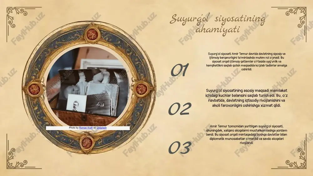 gi kunda siyosiy barqarorlik va iqtisodiy rivojlanish uchun muhimdir. asosiy jabhalar siyosiy jabhalarda xalqaro munosabatlarni mustahkamlash va resurslardan samarali foydalanish strategiyalari mavjud. zamonaviy misollar o'zbekistonda iqtisodiy islohotlar va ijtimoiy dasturlarni amalga oshirishda amir temur merosidan foydalanilmoqda. 01 02 03 zamonaviy siyosat va suyurg'ol siyosati suyurg'ol siyosatining zamonaviy siyosatga ta'siri muhimdir. ular o'rtasidagi o'zaro aloqalar tarixiy jarayonlar va madaniy an'analar orqali shakllanadi. zamonaviy siyosatda suyurg'ol siyosatining tamoyillari, masalan, adolat va ijtimoiy barqarorlik, o'z o'rnini topadi. biroq, ularning farqlari ham mavjud: zamonaviy siyosat ko'proq global muammolarni hal etishga qaratilgan, suyurg'ol siyosati esa mahalliy ijtimoiy strukturalarni mustahkamlashda ko'proq e'tibor beradi. ijtimoiy va madaniy kontekstda, suyurg'ol siyosati zamonaviy siyosatga ta'sir ko'rsatib, milliy identitetni rivojlantirishda muhim rol o'ynaydi. photo by andrew neel on unsplash suyurg'ol siyosatining iqtisodiy ta'siri suyurg'ol siyosati iqtisodiy o'zgarishlarga muhim ta'sir ko'rsatdi. bu siyosat zamonaviy iqtisodiy tizimning shakllanishida asosiy rol o'ynagan bo'lib, iqtisodiy barqarorlik va rivojlanish uchun zarur shart-sharoitlarni yaratdi. amir temur …