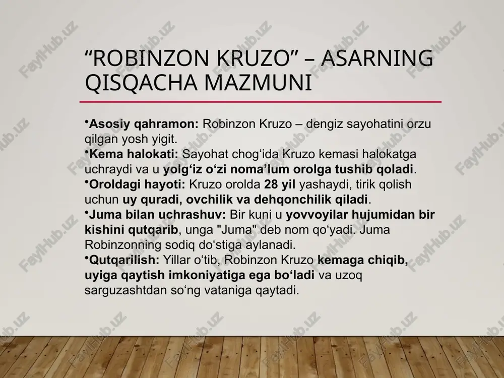 joyda omon qolish sarguzashtlarini tasvirlovchi yangi janrni yaratdi. keyinchalik “robinzonad” janrida ko‘plab asarlar yozildi. adabiyot va san’atga ta’siri – asar ko‘plab yozuvchilar, rejissyorlar va rassomlarga ilhom bergan. uning asosida filmlar, seriallar, teatr sahnalashtirmalari va hatto animatsion filmlar ham yaratilgan. xulosa “robinzon kruzo” – insonning irodasi, mehnatsevarligi va tirishqoqligi orqali har qanday qiyinchiliklarni yengib o‘tishi mumkinligini isbotlovchi asardir. asar o‘quvchiga mustaqil hayot kechirish, bilim va tajribani oshirish, tabiatga moslashish va sabr-toqatli bo‘lish haqida chuqur saboq beradi. daniel defo ushbu roman orqali realistik adabiyotga katta hissa qo‘shgan va butun dunyo adabiyotiga o‘z ta’sirini o‘tkazgan. bugungi kunda ham “robinzon kruzo” sarguzasht janrining eng yaxshi namunalari qatorida turib, yoshlar va kattalar uchun qiziqarli va ibratli asar sifatida o‘qilmoqda. foydalanilgan adabiyotlar defo, d. robinzon kruzo. – toshkent: “o‘zbekiston” nashriyoti, 2019. karimov g‘. jahon adabiyoti tarixi. – toshkent: “fan” nashriyoti, 2005. nurboyeva s. realistik roman va uning rivojlanishi. – toshkent: “ma’naviyat” nashriyoti, 2010. xayrullayev m. ingliz …