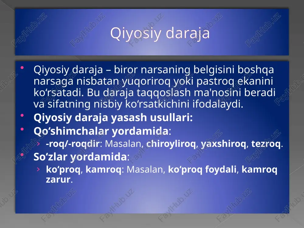 ollar: eng chiroyli nihoyatda katta o‘ta tez behad yaxshi solishtirma misol oddiy daraja: bu gul chiroyli. bu bino katta. ular juda tez yuguradi. orttirma daraja: bu gul eng chiroyli. bu bino nihoyatda katta. ular o‘ta tez yuguradi. xulosa oddiy daraja faqat belgini bildiradi, lekin darajasini kuchaytirmaydi. orttirma daraja esa belgi darajasini oshirib, uning maksimal yoki haddan tashqari ekanini ta’kidlaydi. qiyosiy darajali sifatlar so‘roq shakli so‘roq shakllari va misollar qiyosiy daraja savollari kim? nima? kabi so‘roq so‘zlari yordamida belgining boshqa belgilarga nisbatan yuqoriligini yoki pastligini aniqlash. misollar: kim yaxshiroq? qaysi biri balandroq? bu ikkovi ichida kim ko‘proq qobiliyatli? qaysi kitob kamroq qiziqarli? orttirma daraja savollari qaysi? kim? nima? kabi so‘roq so‘zlari yordamida sifatning eng yuqori darajasini aniqlash. misollar: qaysi biri eng arzon? kim eng yaxshi? qaysi uy eng baland? bu joylardan qaysi biri eng chiroyli? savollarni shakllantirish qoidalari: qiyosiy daraja savollari uchun sifatga -roq qo‘shimchasini qo‘shish yoki ko‘proq, kamroq so‘zlarini ishlatish. …