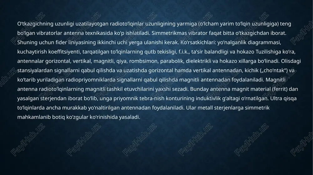 abul qiluvchi qurilmalar bilan muvofiqligini ta'minlaydi. tarmoqlar va ularning konstruksiyasi har bir antenna tarmoq orqali boshqa qurilmalar bilan bog'lanadi. antennaning tarmoq bilan bog'lanishi uning energiya samaradorligini oshirish uchun muhimdir. bu turdagi bog'lanishlar va ulanishlar antennaning samarali ishlashiga yordam beradi. rejalar va mexanizmlar antenna qurilishi vaqtida qanday mexanik mexanizmlar ishlatilishini ham inobatga olish kerak. bu mexanizmlar antennani sozlash va turli joylashuvlarga moslash imkoniyatini yaratadi. sinov va sozlash antennalar qurilgandan so'ng, ularni sinovdan o'tkazish va sozlash kerak bo'ladi. bu jarayon antennaning ishlash parametrlarini aniqlash va ularni optimal darajaga keltirishga yordam beradi. umuman olganda, antennalarni qurish va ishlash prinsiplarini to'g'ri o'rganish va ularga rioya qilish, samarali aloqa tizimlarini yaratish va ular orqali signal uzatishni yaxshilashga imkon beradi. antennalar zamonaviy telekommunikatsiya tizimlarining ajralmas qismi bo'lib, ularning samarali ishlash prinsiplari butun tizimning sifatini belgilaydi. antennaning konstruktsiyasi, shakli, materiali va ishlash chastotasi uning ishlash samaradorligini, signal uzatish yoki qabul qilish qobiliyatini ta'sir qiladi. antennalarni qurishda muhim …
