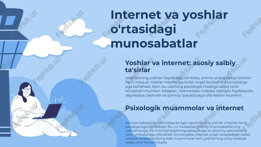ta'sir ko'rsatadi. statistika ko'rsatkichlariga ko'ra, har uch yoshdan biri ijtimoiy tarmoqlardan foydalanish jarayonida salbiy tajribaga duch kelmoqda. bu muammolarni hal etish uchun ota-onalar va ta'lim muassasalari yoshlarni onlayn xavfsizlik haqida xabardor qilishlari zarur. internet va ta'lim internetdan ta'lim jarayonida foydalanish internet ta'lim jarayonida ko'plab imkoniyatlar yaratadi, ammo tez-tez e'tiborimizni chalg'itadi. yoshlar, o'z vaqtlarini onlayn o'yinlar va ijtimoiy tarmoqlarga sarflashlari natijasida, ta'limga bo'lgan qiziqishlarini yo'qotishlari mumkin. online ta'limning afzalliklari va salbiy ta'sirlari online ta'limning eng katta afzalliklaridan biri qulaylikdir, lekin u stress va asabiylikni oshirishi mumkin. yoshlar, shu bilan birga, o'zlarini yolg'iz his qilishlari va ijtimoiy ko'nikmalarini yo'qotishlari mumkin. yoshlar uchun internet orqali ta'lim olish imkoniyatlari yoshlar uchun internet orqali ta'lim olish imkoniyatlari ko'plab platformalarda mavjud. biroq, bu imkoniyatlar noto'g'ri foydalanilganda, o'z-o'zini ta'lim berish va o'zligini anglash qobiliyatini kamaytirishi mumkin. xulosa va tavsiyalar internetdan foydalanishni nazorat qilish va onlayn ta'lim jarayonini sog'lom muhitda o'tkazish zarur. yoshlar, vaqtlarini maqsadli sarflash va ijtimoiy …