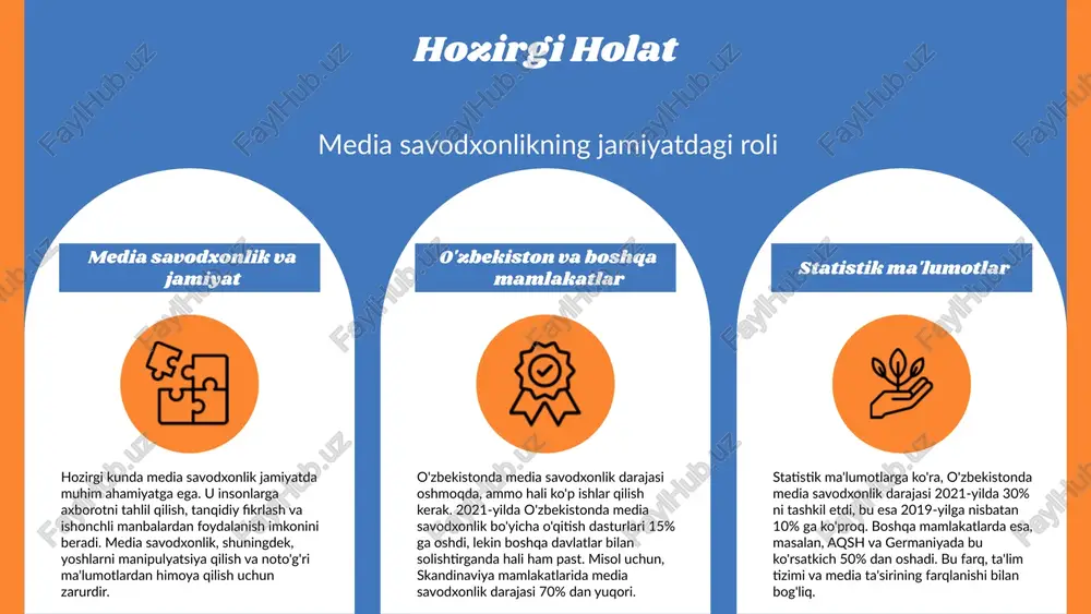 yati oshadi. yangi texnologiyalar yangi texnologiyalar, jumladan sun'iy intellekt va big data, axborot savodxonligini yanada rivojlantirishda muhim rol o'ynaydi. bu texnologiyalar orqali axborotni tezda qayta ishlash va tahlil qilish imkoniyatlari paydo bo'ladi. mamlakatlar bu yangi vositalardan foydalanib, axborot savodxonligini oshirishga harakat qilmoqda. dunyo mamlakatlaridagi media va axborot savodxonligi o'zgarishlari. dunyo bo'ylab media va axborot savodxonligi darajalari mamlakatlar o'rtasida sezilarli farq qiladi. ba'zi mamlakatlarda bu savodxonlik darajasi yuqori bo'lsa, boshqalarida esa past. ushbu farqlarni aniqlashda, ta'lim tizimi, madaniyat va texnologiyalarning rivojlanishi kabi omillar muhim rol o'ynaydi. farqlarni aniqlash uchun bir qator ko'rsatkichlardan foydalaniladi. masalan, xalqaro tadqiqotlar va so'rovnomalar orqali media savodxonligi darajasini o'rganish mumkin. bunday ko'rsatkichlar orasida aholi o'rtasida internetdan foydalanish darajasi, axborot olish va baholash qobiliyatlari, va media vositalariga bo'lgan ishonch mavjud. tahlil natijalari shuni ko'rsatadiki, taraqqiy etgan mamlakatlar, media va axborot savodxonligini oshirish uchun ko'proq investitsiya qilmoqda. boshqa tomondan, kam taraqqiy etgan mamlakatlarda bu sohada ko'proq rivojlanish zarurati mavjud. …