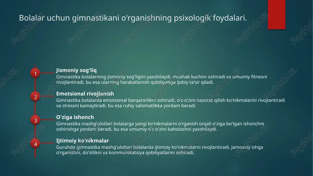 roit o'zbekistonning geografik va iqlimiy sharoitlari bolalar uchun gimnastika dasturlarini ishlab chiqishda muhim omil hisoblanadi. har xil ob-havo sharoitlari talablarni o'ziga xos qiladi. madaniy meros o'zbekistonda gimnastika dasturlari milliy madaniyat va an'analar bilan uyg'unlashishi kerak. bu bolalar uchun o'z madaniyatini anglash va rivojlanishiga yordam beradi. innovatsion yondashuvlar o'zbekistonda bolalar uchun gimnastika dasturlarini ishlab chiqishda innovatsion texnologiyalar va uslublar qo'llanilishi zarur. bu usullar ta'lim jarayonini samarali qiladi. maktabgacha ta'limda gimnastikaning madaniy ahamiyati. 1 gimnastikaning tarixi gimnastika tarixan o'zbek madaniyatida muhim o'rin tutadi. u bolalarning jismoniy va ruhiy rivojlanishiga yordam berish bilan birga, an'anaviy qadriyatlarni saqlaydi. 2 madaniy integratsiya maktabgacha ta'limda gimnastika, turli madaniyatlarni birlashtiradi. bu bolalarga o'zaro hurmat va hamkorlik ruhini o'rgatadi, ijtimoiy ko'nikmalarini rivojlantiradi. 3 tarbiyaviy ahamiyati gimnastika orqali bolalar jismoniy tarbiya bilan birga, amalga oshirish, qat'iyat va jamoaviylik kabi muhim tarbiyaviy qadriyatlarni o'zlashtiradilar. bolalarning jismoniy rivojlanishida gimnastika va madaniyat. 1 gymnastikaning ahamiyati gimnastika bolalarning jismoniy rivojlanishida muhim rol o'ynaydi. …