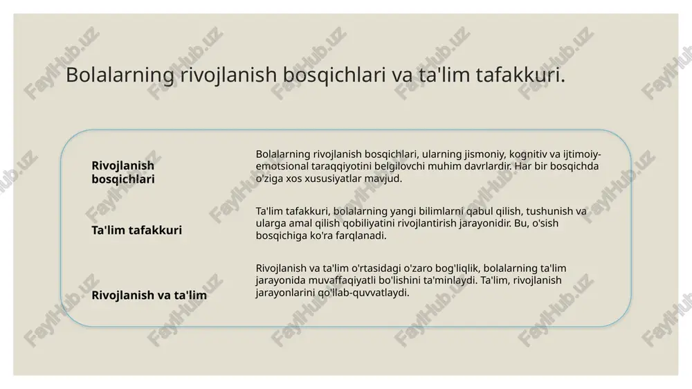 nish bolalarning maktabga moslashuviga yordam beradi. ular o'z his-tuyg'ularini anglab, boshqalar bilan munosabatlarni rivojlantiradi. stressni boshqarish maktabga kirish jarayoni bolalarda yangi muhit va talablar yaratadi. emotsional tayyorgarlik stressni kamaytirish va bolalarga muammolarni hal qilishda yordam beradi. ijtimoiy qo'llab-quvvatlash ota-onalar va o'qituvchilar bolalarning emotsional tayyorgarliklariga rivojlanishida muhim rol o'ynaydi. ularning qo'llab-quvvatlashi bolalarning o'ziga ishonchini oshiradi. kognitiv rivojlanish: bolalarning aqliy qobiliyatlarini shakllantirish jarayoni. 1 kognitiv rivojlanish kognitiv rivojlanish, bolalarning aqliy qobiliyatlarini, ya'ni fikrlash, muammoni hal qilish va tushunishni rivojlantirish jarayonidir. 2 o'yin va o'rganish o'yin faoliyati, bolalarning kognitiv rivojlanishida muhim ahamiyatga ega. o'yin orqali bolalar yangi bilimlarni o'zlashtiradi va kreativ fikrlash qobiliyatlarini oshiradi. 3 ta'limning roli ta'lim muassasalari, bolalarning kognitiv qobiliyatlarini shakllantirishda muhim rol o'ynaydi, bu esa ularning maktabga tayyorgarlik jarayonida zaruriy ko'nikmalarni rivojlantiradi. ijtimoiy rivojlanish: bolalar orasida muloqot va hamkorlik ko'nikmalarini rivojlantirish. 01 muloqot ko'nikmalari bolalar orasida muloqot ko'nikmalari rivojlanishi, ularning fikrlarini ifodalash, savollar berish va o'zaro tushunishni ta'minlaydi. 02 hamkorlik …