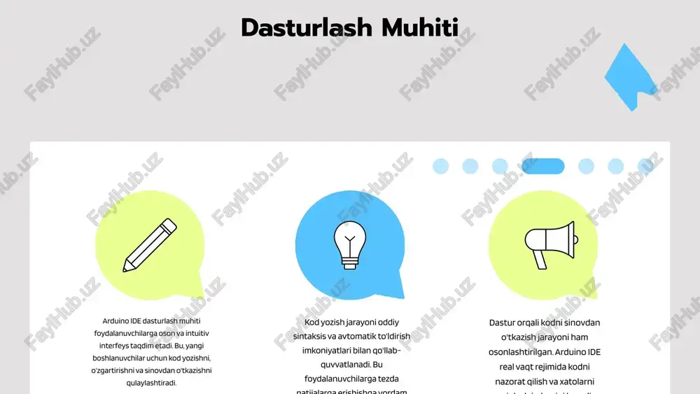 ide orqali kutubxonalarni yangilash va kerakli kutubxonalarni o'rnatishlari kerak. 3. **qurilma ulanishi**: kompyuterga arduino taxtasi ulanishida muammolar paydo bo'lishi mumkin. bunday holatlarda usb kabelini tekshirish va qurilmaning to'g'ri portga ulanganligini tasdiqlash zarur. ushbu muammolarni hal qilish uchun, arduino ide ning 'yordam' bo'limidan foydalanish, onlayn forumlarda savollar berish yoki video darsliklardan foydalanish tavsiya etiladi. dasturchilar o'zlarining muammolarini hal qilishda bir-birlaridan yordam olishlari ham juda muhimdir. photo by austin distel on unsplash amaliy misollar arduino ide dasturlash jarayoni amaliy misollar yordamida oson tushuniladi. dastur tuzish, kod yozish va qurilma bilan bog'lanish jarayonlari orqali misollar keltiriladi. bu misollar orqali o'quvchilar dasturlash asoslarini o'zlashtiradilar. dasturlash jarayoniga kirish arduino ide bilan ishlashda turli qurilmalar bilan aloqa o'rnatish muhimdir. misol uchun, led chiroqni yoqish va o'chirish, sensorlardan ma'lumot olish kabi amaliy misollar keltirilishi mumkin. qurilmalar bilan aloqa photo by christin hume on unsplash arduino ide dasturining tanishtiruvi arduino ide dasturi, arduino platformasida dasturlash uchun mo'ljallangan qulay …
