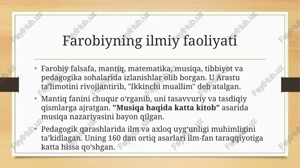 shi kerak. noto‘g‘ri tarbiya – jamiyat inqiroziga sabab bo‘lishi mumkin. farobiy fikricha, mukammal jamiyat qurish uchun ta’lim va axloqiy tarbiyani to‘g‘ri yo‘lga qo‘yish muhim. farobiyning zamonaviy ta’lim tizimiga ta’siri farobiyning ta’lim va tarbiya haqidagi qarashlari bugungi ta’lim tizimi rivojiga ham ta’sir ko‘rsatgan: bilim va axloq uyg‘unligi – hozirgi ta’limda ham insoniy qadriyatlarga e’tibor beriladi. o‘qituvchining roli – zamonaviy pedagogika ham ideal o‘qituvchi fazilatlarini ta’kidlaydi. mantiq va tanqidiy fikrlash – bugungi ta’lim tizimi farobiy ilgari surgan mantiqiy tafakkurni rivojlantirishga qaratilgan. musiqa va san’atning ta’limdagi o‘rni – farobiy musiqaning tarbiyaviy ahamiyatini ta’kidlagan va bu hozirgi pedagogik yondashuvlarda ham aks etmoqda. farobiyning pedagogik qarashlari zamonaviy ta’lim tizimi tamoyillariga uyg‘un bo‘lib, hanuzgacha dolzarb hisoblanadi. farobiyning ta’limga doir asarlari farobiy ta’lim va tarbiya masalalariga bag‘ishlangan bir qator muhim asarlar yozgan: "fozil odamlar shahri" – ideal jamiyat va ta’limning roli haqida. "aql ma’nolari haqida risola" – inson tafakkuri va bilish jarayoni haqida. "ilmlarning kelib chiqishi" – …