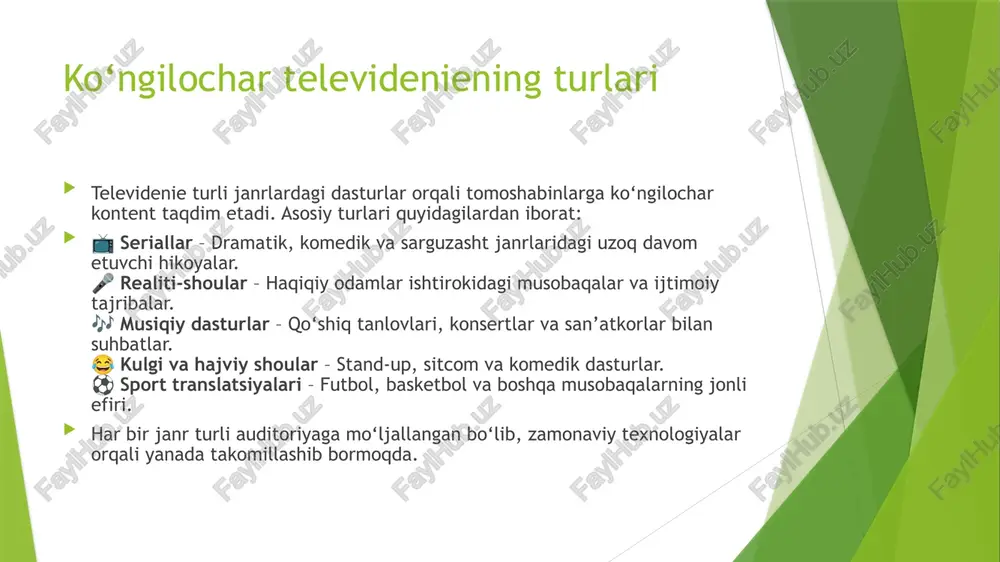 r. ✅ shaxsiy tarixlar – sportchilar haqida hujjatli filmlar va intervyular. 🏆 ta’siri: ijobiy: sportga qiziqishni oshiradi, sog‘lom turmush tarzini targ‘ib qiladi. salbiy: ayrim hollarda haddan tashqari fanatizm va g‘alabaga qaramlik shakllanishi mumkin. sport translatsiyalari nafaqat axborot manbai, balki kuchli ko‘ngilochar vosita hamdir. milliy va xalqaro telekanallar 📡 telekanallar – axborot va ko‘ngilochar kontentni keng auditoriyaga yetkazuvchi asosiy manba hisoblanadi. 🔹 turlari: ✅ milliy telekanallar – mahalliy yangiliklar, madaniyat va ko‘ngilochar dasturlarni taqdim etadi. ✅ xalqaro telekanallar – butun dunyo bo‘ylab efirga uzatiladigan yangiliklar, sport va seriallarni namoyish qiladi. 🌍 mashhur xalqaro telekanallar: bbc, cnn, al jazeera – yangiliklar va tahliliy dasturlar. netflix, hbo, national geographic – serial, hujjatli filmlar va ko‘ngilochar dasturlar. eurosport, espn – sport translatsiyalari. milliy va xalqaro telekanallar tomoshabinlarga turli janrlardagi sifatli kontentni taqdim etishda muhim rol o‘ynaydi. striming xizmatlari va an’anaviy televidenie 📺 an’anaviy televidenie va 🌐 striming xizmatlari bugungi media bozorda asosiy raqobatchilardir. 🔹 …