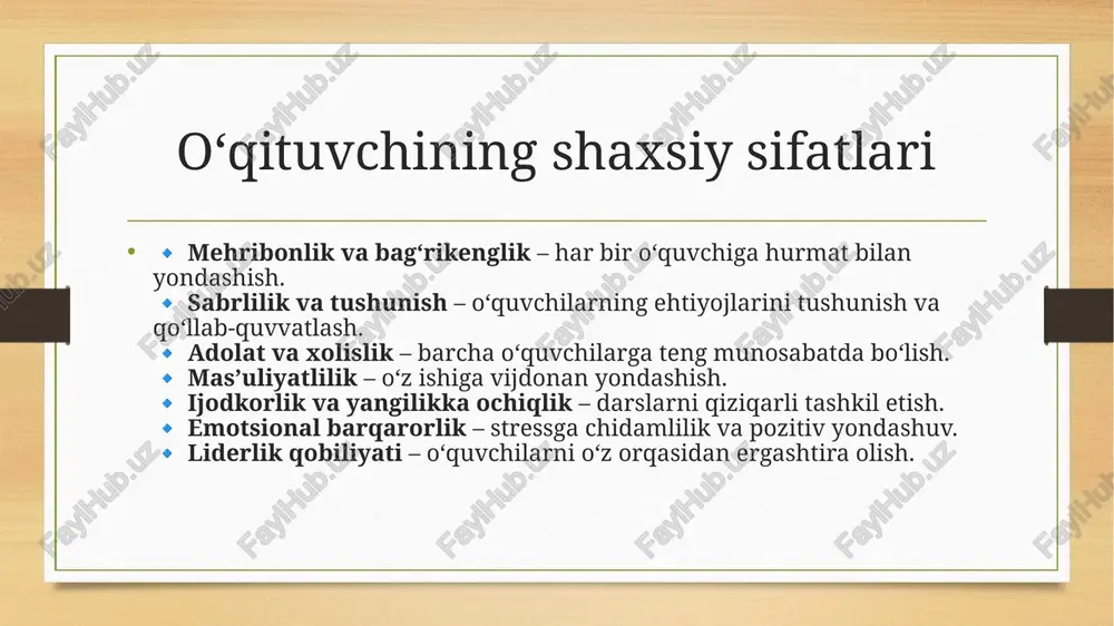 lardan foydalanish. 🔹 individuallashtirilgan yondashuv – har bir o‘quvchining ehtiyoj va qobiliyatini inobatga olish. 🔹 motivatsiyani oshirish – o‘quvchilarda qiziqish uyg‘otish va ularni rivojlanishga undash. 🔹 o‘z ustida ishlash – pedagogik mahorat va kasbiy bilimlarni muntazam oshirib borish. 🔹 samarali baholash – o‘quvchilarning bilim darajasini xolis va konstruktiv tahlil qilish. o‘qituvchi uchun muhim bo‘lgan ko‘nikmalar 🔹 pedagogik mahorat – darslarni samarali tashkil etish va o‘quvchilarni faollashtirish. 🔹 muloqot ko‘nikmalari – o‘quvchilar, ota-onalar va hamkasblar bilan samarali aloqa o‘rnatish. 🔹 tahlil va muammo yechish – ta’lim jarayonidagi muammolarni aniqlash va hal qilish. 🔹 ijodkorlik va moslashuvchanlik – yangi yondashuvlarni sinab ko‘rish va yangiliklarga ochiqlik. 🔹 raqamli savodxonlik – texnologiyalardan foydalanish va masofaviy ta’limga moslashish. 🔹 tashkiliy qobiliyat – darslarni rejalashtirish va samarali vaqt boshqarish. o‘qituvchining ijtimoiy mas’uliyati 🔹 yangi avlodni tarbiyalash – o‘quvchilarga nafaqat bilim, balki insoniy qadriyatlarni ham singdirish. 🔹 jamiyatga foydali shaxslar yetishtirish – yoshlarning ijtimoiy faolligini oshirish. 🔹 …