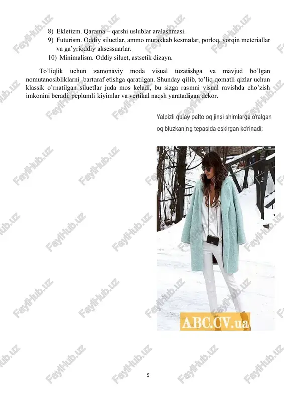 et,shim,yupka, poyabzal,boshkiymlar,ichki kiymlar bularning barchasi ommaviylikni talab qilmoqda . shu bilan bir qatorda zamonaviy liboslarga mos aksesuarlar yaratilmoqda moda ham did talab qiladi . rang libosdagi eng iifodali vositalardan biridir. biroq, modada kostyum ko’pincha boshdan oyoq bo’lgan masalan , shlyapadan tortib poyabzalgacha bularning barchasi kotyum hisoblanadi.zamonaviy kiyim dizayni uni madellah sohasi ijod qilarekanmiz ish yuritayotganimizda har birimiz “uslub”, “moda”, “kotyum”, “kolleksiya” so’zlariga to’qnash kelamiz . kiyimni loyihalash kiyimga qo`yadigan talablardan boshlanadi. har qanday tikuvchilik buyumlariga aniq belgilangan talablar qo`yiladi. kiyimga iste’molchi va ishlab chiqarish talabi qo’yiladi. iste’molchining talabi o`z navbatida quydagilarga bo’linadi: 1.gigeyenik talab 2.ekspylatsion talablar 3.estetik talablar gigeyenik talablar deganda,shuni tushuniladiki, kiyimdan foydalanilganda kiyim odam sog`ligiga zarar yetkazmasligi, erkin harakatlanish vaqtida halaqit bermasligi kerak, ya`ni yozda kiyiladigan kiyimla yengil, havo o`tkazuvchan bo`lishi, namlikni shimuvchan bo`lishi kerak. bunda gazlama asosiy ro`l o`ynaydi. kiyim tabiiy tolali gazlamalardan tikilishi talab qilinadi. masalan: paxta, ipak, jun, zig`ir tolali gazlamalar juda yaxshi gigenik hisoblanadi. …