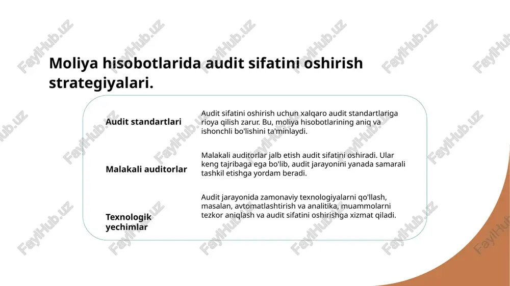 im etish muhimdir. auditorlar o'z xulosalarini tushunarli tarzda bayon etishlari zarur. texnologik yechimlar moliya hisobotlarida shaffoflikni ta'minlash uchun zamonaviy texnologiyalar, masalan, blokcheyn va bulutli hisoblash tizimlari, foydalidir. bu, ma'lumotlarni xavfsiz va oshkora saqlashga yordam beradi. ta'lim va malaka auditorlar va moliyaviy mutaxassislar uchun doimiy ta'lim va malaka oshirish dasturlari shaffoflikni oshirishda muhim rol o'ynaydi. bu, professionallarni zamonaviy standartlarga moslashtiradi. auditorlar roli: moliya hisobotlarida shaffoflikni ta'minlash. 1 auditorlar va shaffoflik auditorlar moliya hisobotlarida shaffoflikni ta'minlashda muhim rol o'ynaydi, chunki ular moliyaviy ma'lumotlarning to'g'riligi va ishonchliligini tasdiqlaydi. 2 audit jarayoni audit jarayoni orqali auditorlar kompaniyaning moliyaviy hisobotlarini sinchkovlik bilan ko'rib chiqib, har qanday kamchiliklarni aniqlash va ularni tuzatish bo'yicha tavsiyalar beradilar. 3 auditorlar va ishonch auditorlar mustaqil ravishda moliya hisobotlarini baholash orqali investorlar va boshqa manfaatdor tomonlar uchun ishonchni oshiradi, bu esa iqtisodiy barqarorlikni ta'minlashga yordam beradi. moliya hisobotlarida shaffoflikni baholash uchun mezonlar. moliya hisobotlarida shaffoflikni baholash uchun mezonlar quyidagilarni o'z ichiga …