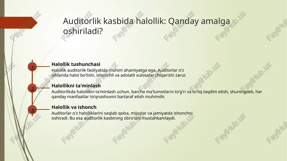 ahamiyatga ega. 03 axloqiy yondashuvlar auditorlar axloqiy me'yorlarga amal qilib, maxfiylikni ta'minlashda doimo professional va shaxsiy manfaatlarni ajratishlari zarur. bu ishonchni oshiradi. auditorlikda halollik va ob'ektivlikning ahamiyati. halollikning ahamiyati auditorlikda halollik, auditorning ishonchliligini oshiradi. halol auditorlar mijozlar va jamoatchilik orasida ishonchni mustahkamlaydi, bu esa muvaffaqiyatli faoliyat uchun muhimdir. ob'ektivlikning roli ob'ektivlik auditorning qarorlarida tarafkashlikni yo'qotishga yordam beradi. bu, auditorlar uchun dalillarga asoslangan, adolatli va haqiqiy baholashni ta'minlaydi. halollik va ob'ektivlik halollik va ob'ektivlik auditorlik kasbining asosiy tamoyillaridir. ular birgalikda professional munosabatlarni mustahkamlash va auditorlik jarayonini samarali qilishda muhim rol o'ynaydi. xulosa 1 auditorlik axloqi ahamiyati auditorlik kasbida axloqiy me'yorlar halollik, ob'ektivlik va maxfiylikni ta'minlaydi, bu esa auditorlarning ishonchli va adolatli faoliyatini kafolatlaydi. 2 halollik va ob'ektivlik auditorlar halollik va ob'ektivlik prinsiplariga rioya qilganda, ular o'z ishlarida yuqori standartlarga erishadilar va mijozlar va jamiyat ishonchini qozonadilar. 3 maxfiylikni ta'minlash maxfiylik auditorlik jarayonida muhim ahamiyatga ega. auditorlar mijoz ma'lumotlarini himoya qilish orqali …