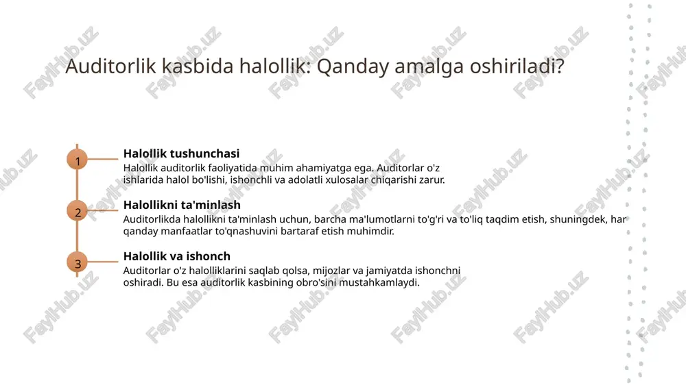 adi. bu, auditorlik faoliyatining muvaffaqiyatiga bevosita ta'sir qiladi. halollik va ob'ektivlik: auditorlar uchun real hayot misollari. auditorlikda halollik auditorlar, moliyaviy hisobotlarni tekshirishda halollikni saqlashlari muhimdir. halol auditorlar firibgarlikni aniqlashda ishonchli rol o'ynaydi. ob'ektivlikni ta'minlash auditorlar, mijozlar va manfaatlar o'rtasidagi ziddiyatlarni aniqlash va bartaraf etish orqali ob'ektivlikni ta'minlaydilar. bu ishonchni oshiradi. haqiqiy misollar misol uchun, bir auditor korxonaning moliyaviy hisobotida qizil bayroqlarni ko'rsa, halol ravishda bu haqida xabar berishi lozim. etik me'yorlar auditorlik kasbida halollik va ob'ektivlikni ta'minlovchi etik me'yorlar auditorlarga professional ishlarni bajarishda yo'l-yo'riq beradi. maxfiylikni ta'minlash: auditorlikda axloqiy yondashuvlar. 01 maxfiylikning ahamiyati auditorlikda maxfiylik, mijoz ma'lumotlarini himoya qilish orqali auditorning obro'sini oshiradi va ishonchni mustahkamlashga yordam beradi. 02 maxfiylikni ta'minlash usullari auditorlar ma'lumotlarni saqlashda zamonaviy texnologiyalar va shifrlash usullaridan foydalanishlari kerak, bu maxfiylikni saqlashda muhim ahamiyatga ega. 03 axloqiy yondashuvlar auditorlar axloqiy me'yorlarga amal qilib, maxfiylikni ta'minlashda doimo professional va shaxsiy manfaatlarni ajratishlari zarur. bu ishonchni oshiradi. auditorlikda halollik …