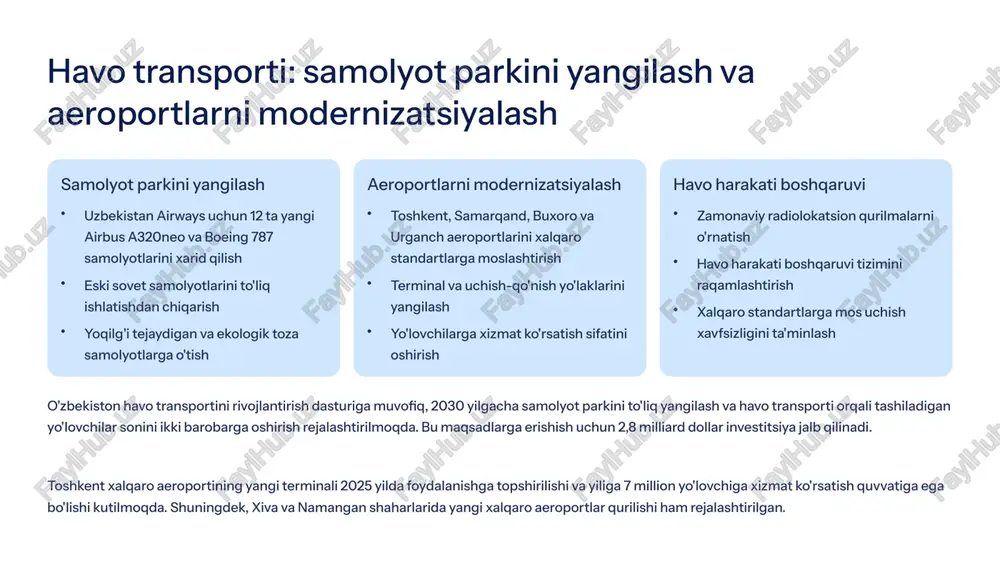 vlat-xususiy sheriklik loyihalari va to'g'ridan-to'g'ri investitsiyalar ulushi o'zbekiston transport infratuzilmasini rivojlantirish uchun osiyo taraqqiyot banki, jahon banki, xitoy taraqqiyot banki va boshqa xalqaro moliya institutlari bilan faol hamkorlik qilmoqda. ushbu tashkilotlar orqali imtiyozli kreditlar va grantlar jalb qilinmoqda. davlat-xususiy sheriklik asosida transport infratuzilmasini rivojlantirish, ayniqsa, avtomobil yo'llari va logistika markazlarini yaratishda samarali natija bermoqda. shuningdek, "bir makon, bir yo'l" tashabbusi doirasida xitoy bilan hamkorlik transport sohasini rivojlantirishning muhim yo'nalishlaridan biri hisoblanadi. 8 ekologik toza transport vositalarini joriy etish va barqaror rivojlanish elektromobillar infratuzilmasi 2025 yilgacha yirik shaharlarda 1000 dan ortiq elektr zaryadlash stansiyalarini o'rnatish elektrobuslar 2027 yilgacha shahar avtobuslarining 50% ini elektrobuslar bilan almashtirish velosiped infratuzilmasi yirik shaharlarda velosiped yo'laklarini 500 km ga yetkazish va velosharingni rivojlantirish qayta tiklanadigan energiya transport infratuzilmasini quyosh energiyasi bilan ta'minlash tizimlarini joriy etish o'zbekiston barqaror rivojlanish maqsadlariga muvofiq, transport sohasida ekologik toza texnologiyalarni joriy etishga alohida e'tibor qaratmoqda. bu jarayon ichki yonuv dvigatellariga ega …