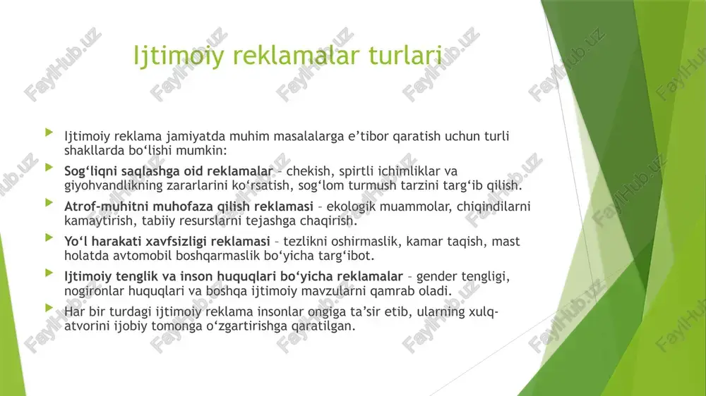muhim qadriyatlarni targ‘ib qiladi. jamoatchilik madaniyatini oshiradi – yo‘l harakati qoidalariga rioya qilish, atrof-muhitni muhofaza qilish yoki sog‘lom turmush tarzini targ‘ib qilish orqali jamiyatning madaniy darajasini oshiradi. ijtimoiy reklama ijtimoiy ongni rivojlantirish va barqaror jamiyat qurishga xizmat qiluvchi kuchli vositadir. ijtimoiy reklamaning salbiy tomonlari ijtimoiy reklamaning ijobiy jihatlari bilan birga ba’zi kamchiliklari ham mavjud: qo‘rqitish va stress – ba’zi reklamalar haddan tashqari qo‘rqitish taktikasidan foydalanadi, bu esa auditoriyada salbiy his-tuyg‘ular va tashvish uyg‘otishi mumkin. natijaning uzoq muddatda sezilishi – ijtimoiy reklama darhol natija bermasligi mumkin, odamlarning xulq-atvorini o‘zgartirish uzoq vaqt talab etadi. noto‘g‘ri tushunilish xavfi – ba’zan reklamaning mazmuni noto‘g‘ri talqin qilinishi yoki auditoriya tomonidan qabul qilinmasligi mumkin, bu esa uning samaradorligini pasaytiradi. shu sababli, ijtimoiy reklamalarni ishlab chiqishda mazmun aniq, ta’sir usullari esa ehtiyotkorlik bilan tanlanishi lozim. ijtimoiy reklama va tijorat reklamaning farqi ijtimoiy reklama va tijorat reklama o‘z maqsadi va yo‘nalishi bo‘yicha farqlanadi: tijorat reklama – asosiy maqsadi …