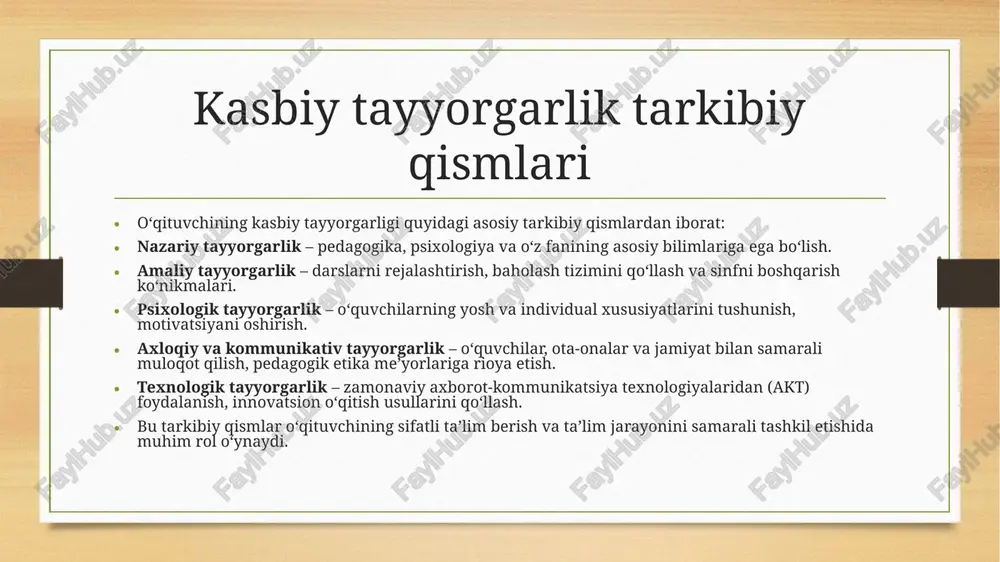 ularga mos yondashish. faol tinglash – o‘quvchilarning fikrlarini e’tibor bilan eshitish va ularning fikrini hurmat qilish. motivatsiya berish – o‘quvchilarni o‘qishga rag‘batlantirish, ularga ishonch uyg‘otish. psixologik tayyorgarlik – o‘qituvchining o‘quvchilarning ruhiy holati, shaxsiy xususiyatlari va ta’lim jarayonidagi individual yondashuvlarni tushunishi. psixologik tayyorgarlik tarkibiy qismlari: o‘quvchilarning yosh va individual xususiyatlarini o‘rganish. stress va ziddiyatli vaziyatlarni boshqarish. ijobiy psixologik muhit yaratish. pedagogik muloqot va psixologik tayyorgarlik o‘qituvchining samarali faoliyat yuritishi va o‘quvchilarning ta’lim jarayonida muvaffaqiyatga erishishiga yordam beradi. kasbiy rivojlanish va o‘z ustida ishlash o‘qituvchining kasbiy rivojlanishi – bu uning doimiy ravishda o‘z bilim va ko‘nikmalarini oshirib borishi, ta’lim jarayonida zamonaviy yondashuvlarni o‘zlashtirishi va pedagogik mahoratini takomillashtirishidir. kasbiy rivojlanish yo‘llari: doimiy o‘qish va o‘rganish – ilmiy-adabiyotlar, metodik qo‘llanmalar va yangi pedagogik texnologiyalar bilan tanishish. malaka oshirish kurslari – ta’lim sohasidagi yangiliklarni o‘rganish va sertifikatlar olish. tajriba almashish – hamkasblar bilan fikr almashish, seminar va konferensiyalarda qatnashish. o‘z-o‘zini tahlil qilish – o‘z faoliyatini …