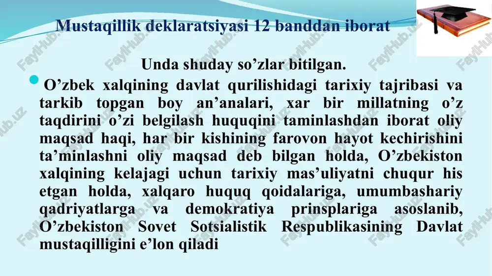 ab bermoqda va bu haqiqatga bizga xayrixoh bo‘lmagan mutaxassis va ekspertlar, tegishli xalqaro institutlar ham iqror bo‘lmoqda”. o’zbekiston respublikasi birinchi prezidenti islom karimov dunyoqarashni nima o‘zgartiradi – ilm, daromad, manfaat. sh. mirziyoyev foydalanilgan adabiyotlar 17 mirziyoyev sh.m. buyuk kelajagimizni mard va olijanob xalqimiz bilan birga quraylik. t.,o‘zbekiston, 2017. 488 bet. karimov i. tarixiy xotirasiz kelajak yo`q. toshkent, 1998 eshov b. , odilov a. o’zbekiston tarixi. 1-jild, darslir,-t.: yangi asr avlodi. 2014. usmonov q. o’zbekiston tarixi. t. 2015. shirinova f., ziyaeva d. o’zbekiston tarixi. o’quv qullanma. i qism t. 2015. shirinova f., ziyaeva d. o’zbekiston tarixi. o’quv qullanma. ii qism t. 2015. oblomurodov n.x va boshqalar. o’zbekiston tarixi. o’quv qo’llanma. t. 2011. o’zbekiston tarixi e`tiboringiz uchun rahmat!!! image2.jpeg image3.jpeg image4.jpeg image5.jpeg image6.png image7.jpeg image8.jpeg image9.jpeg image10.jpeg image11.jpeg image12.jpeg image13.jpeg image14.jpeg image15.jpeg image16.png /docprops/thumbnail.jpeg