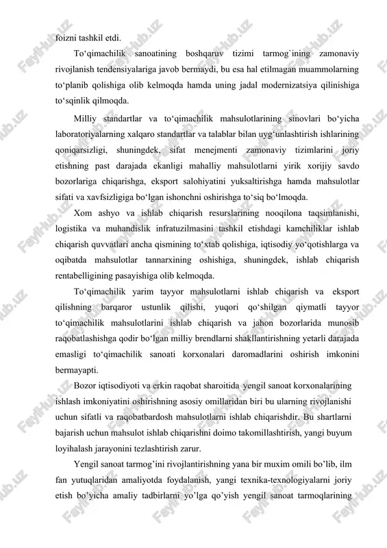 shyo resurslari mavjud. ushbu resurslardan tayyor maxsulot olib chiqarib, avvalo ichki bozorimizni to’ldirib, so’ngra sifatli va raqobatbardosh maxsulot, buyumlar bilan jahon bozoriga chiqish respublikamiz iqtisodiyotining yetakchi yo’nalishlaridan biridir. shunday qilib, o’zbekistonda yengil sanoatni jadal rivojlanishini davlat tomonidan faol innavatsion siyosat yuritilishini taqazo etar ekan, bundan ko’zlangan maqsad ishlab chiqarish texnologik darajasi va raqobatbardoshligini oshirishdir. 2.1. texnik topshiriqni loyihalash va bajarish uchun boshlang’ich ma'lumotlarni ishlab chiqish loyihalash uchun dastlabki ma’lumotlar shakllanishi quyidagilarni o’z ichiga oladi; loyihalanayotgan obyekt nomi ; ayollar ko’ylagi loyihalanayotgan obyekt vazivasi ; kundalik tananing antropometrik xarakteristikasi; bo’y – p – 160 razmer –og 88 paket material nomi ; ko`ylakbop gazlama loyihalanayotgan buyumga qoyiladigan talablar; kiyimni loyixalash kiyimga qo’yiladigan talablardan boshlanadi. kiyim avvalo iste'molchiga oid sifat ko’rsatkichlariga talab berishi lozim. iste'molchining talabi o’z navbatida quyidagilarga bo’linadi: 1. gigienik talab. 2. ekspluatatsion talab. 3. estetik talab. gigienik talablar deganda, shuni tushuniladiki, kiyimdan foydalanganda kiyim odam sog’lig’iga zarar yetkazmasligi, erkin xarakatlanish …